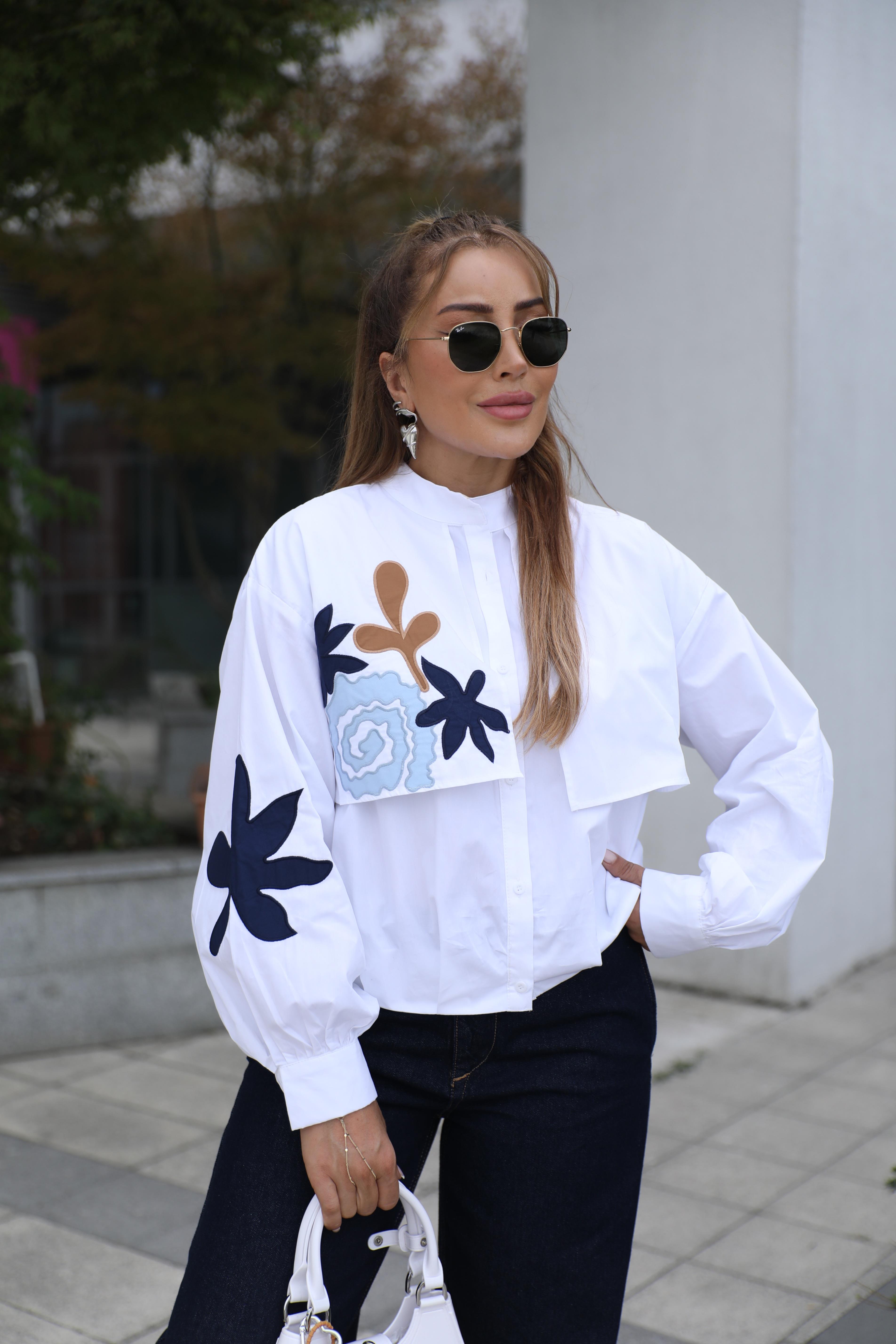 Ekru Nakış Garnili Gömlek