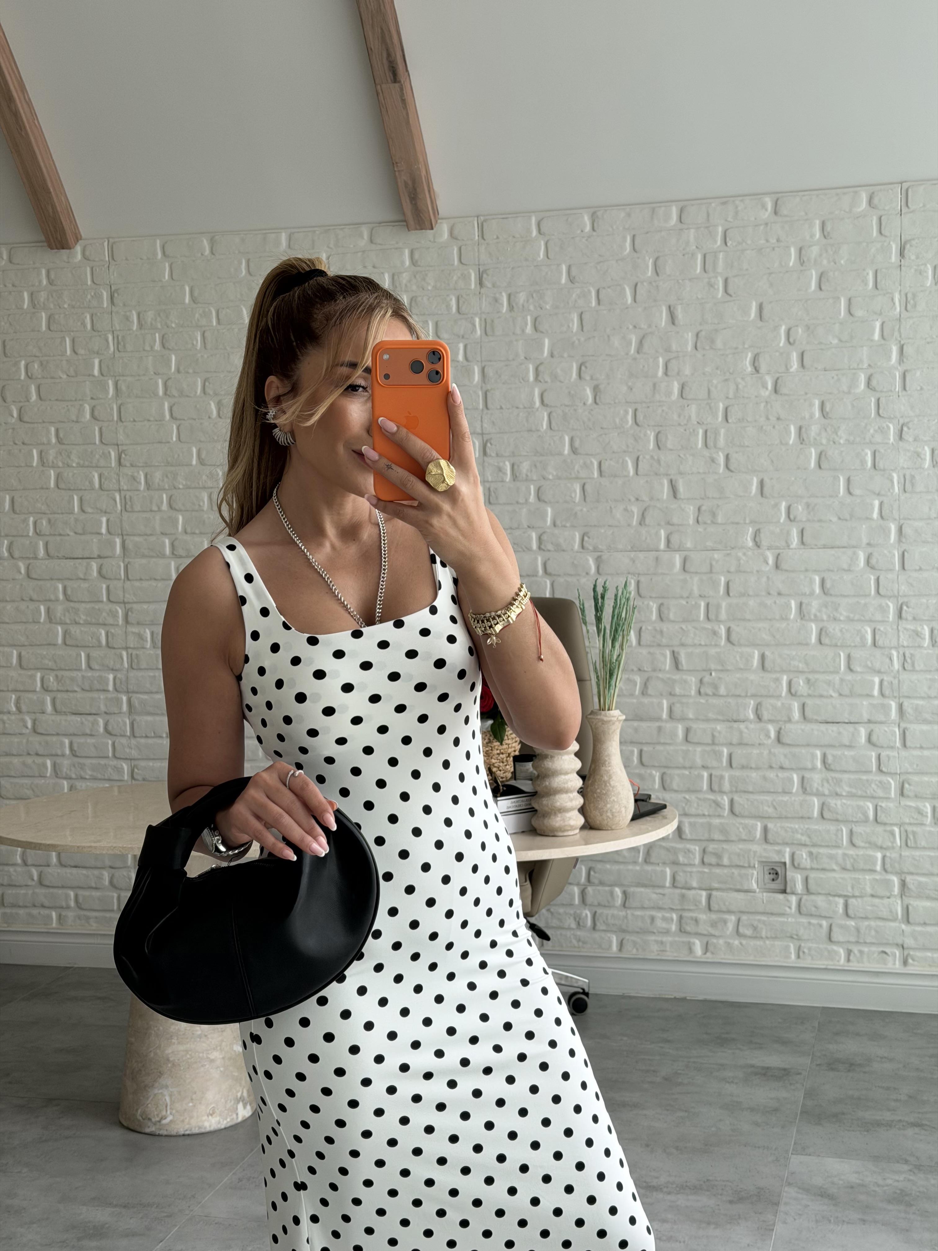 Ekru Puantiyeli Askılı Elbise