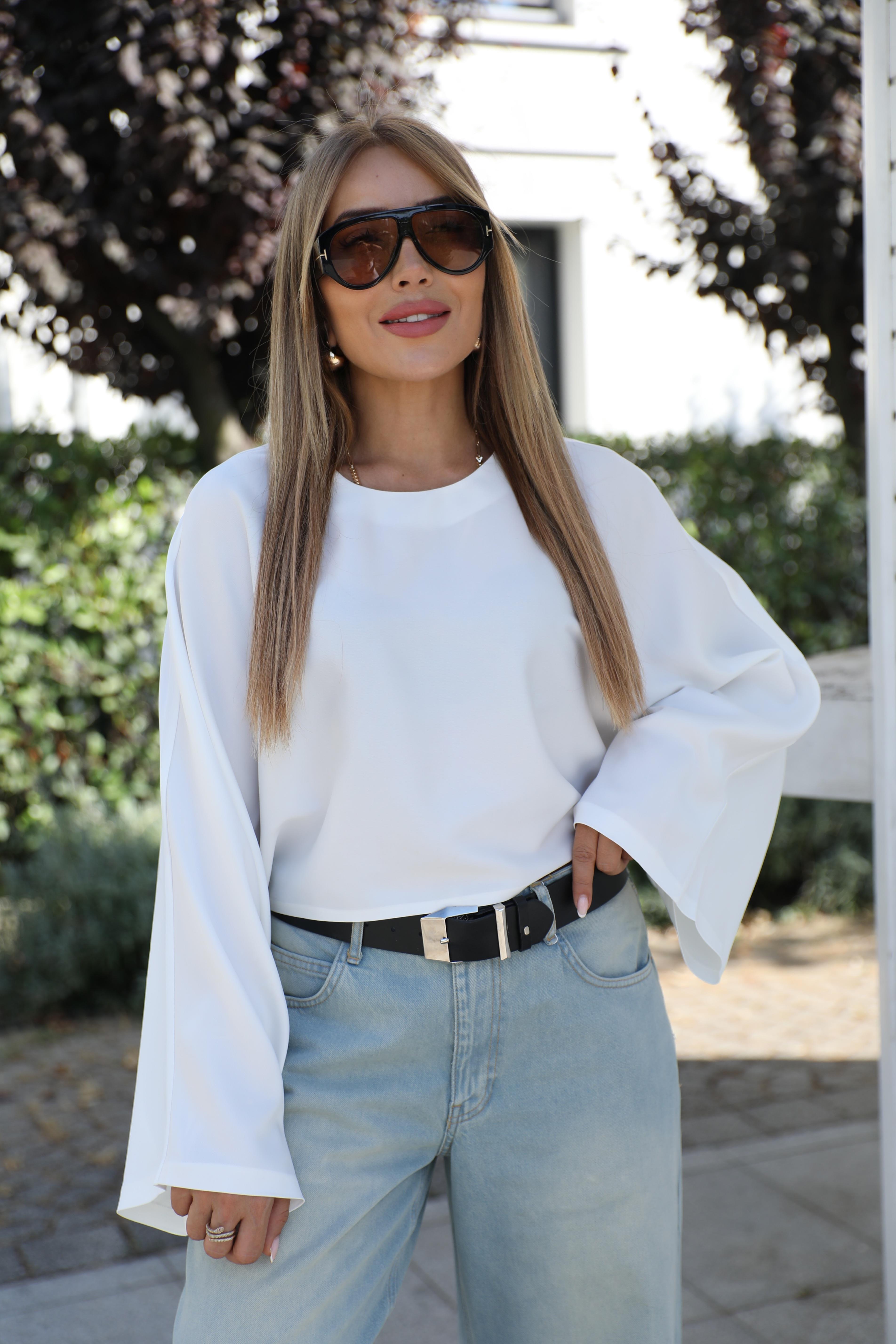 Ekru Saten Geniş Kol Bluz