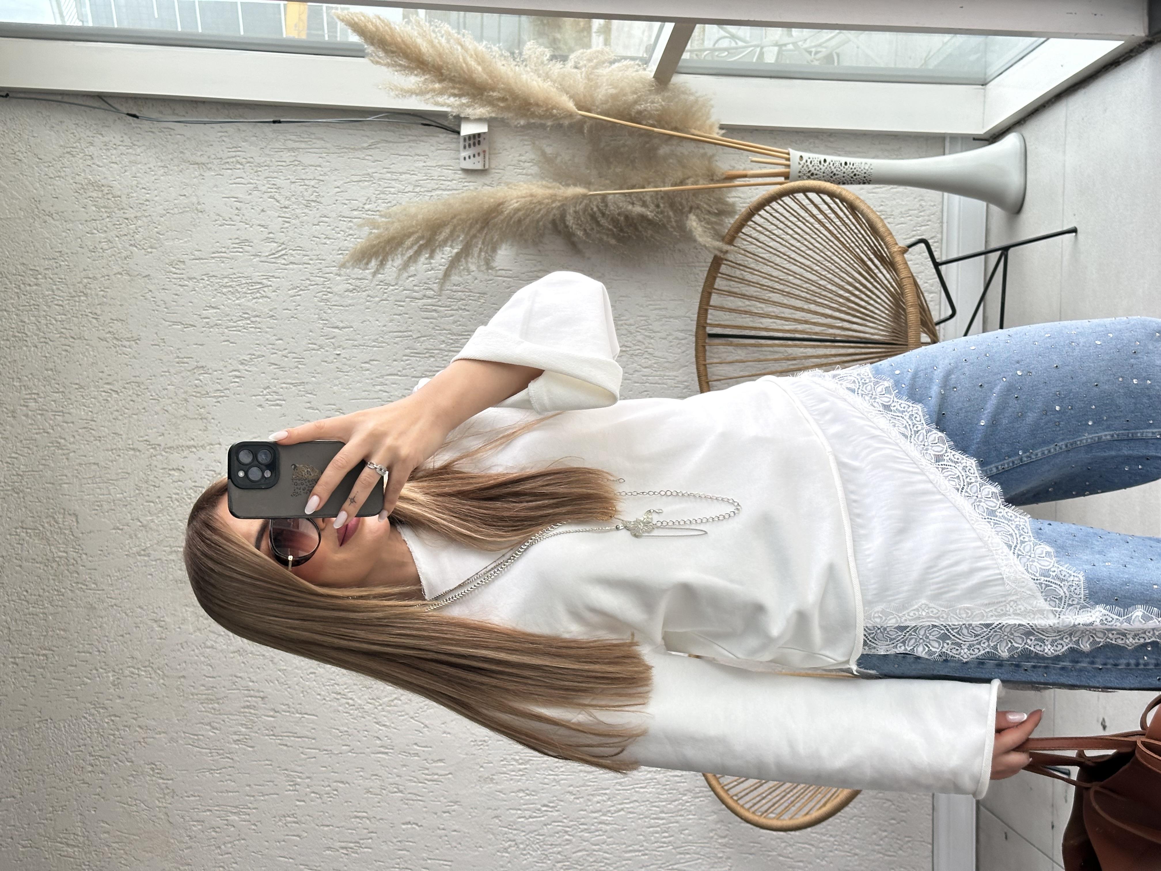 Ekru Saten Güpür Detaylı Sweat
