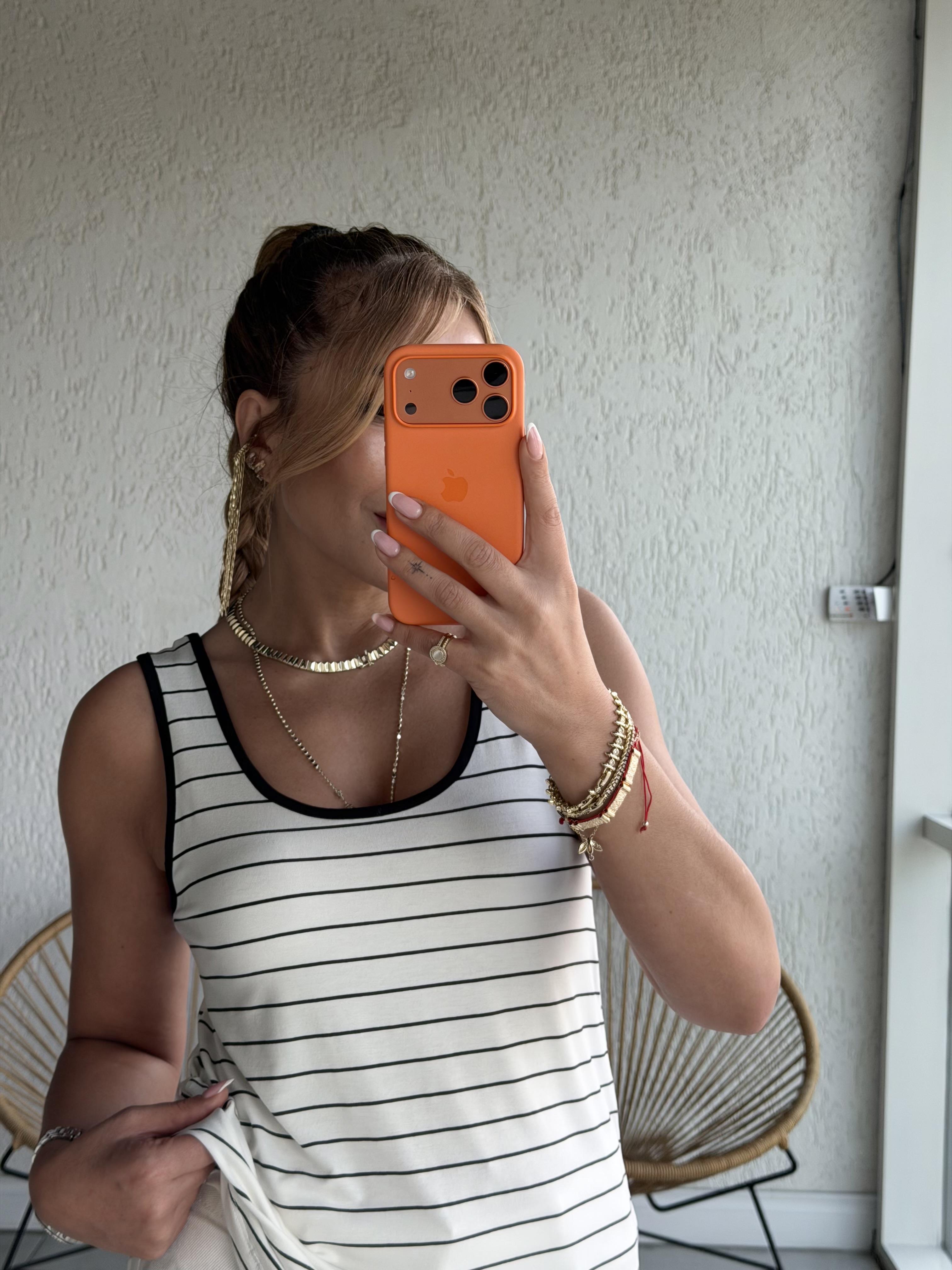 Ekru Siyah Çizgili Kalın Askılı Atlet Bluz