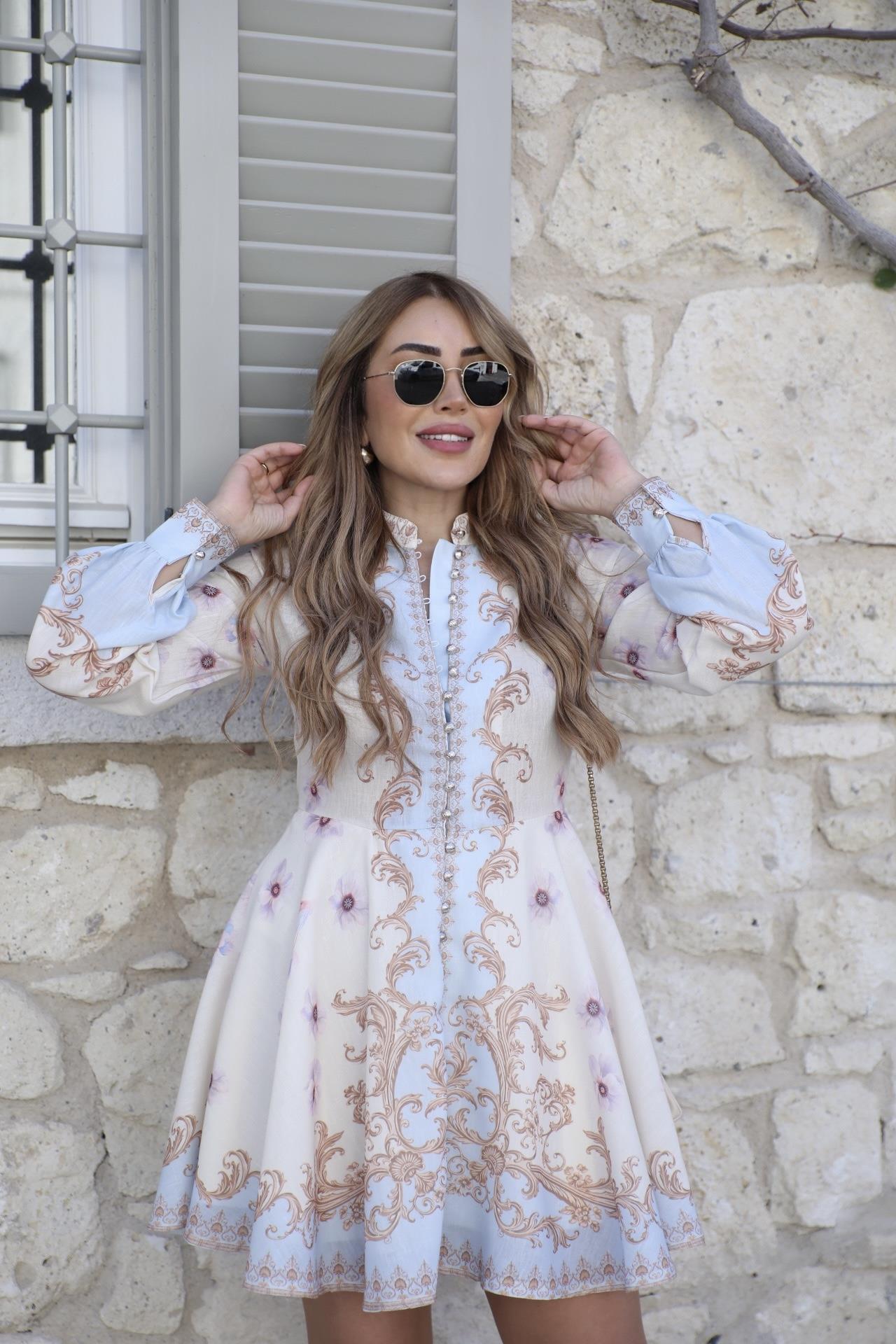 Etnik Desen Hakim Yaka Düğme Detaylı Elbise 