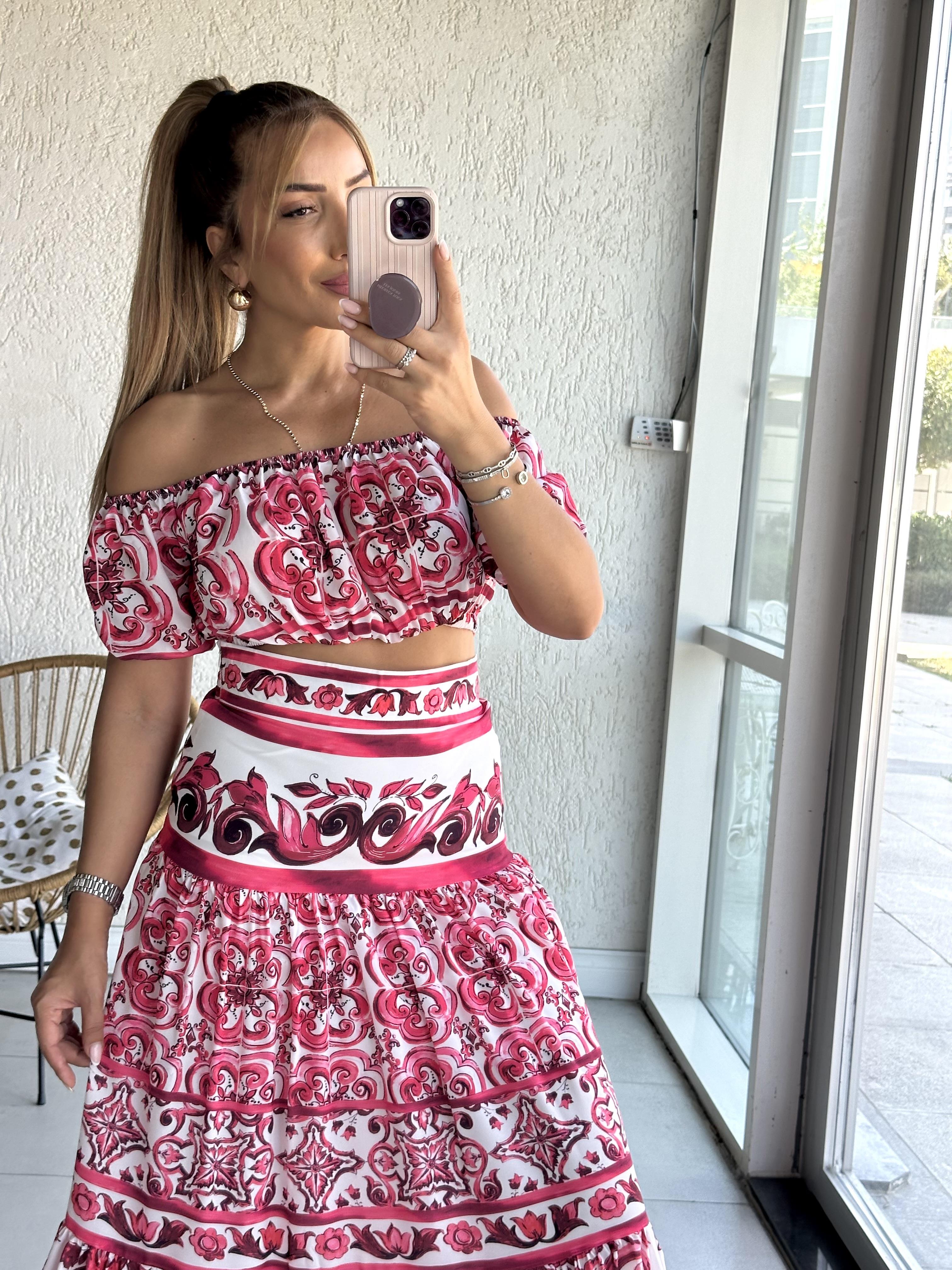 Fuşya Çiçekli Bluz Etek Takım