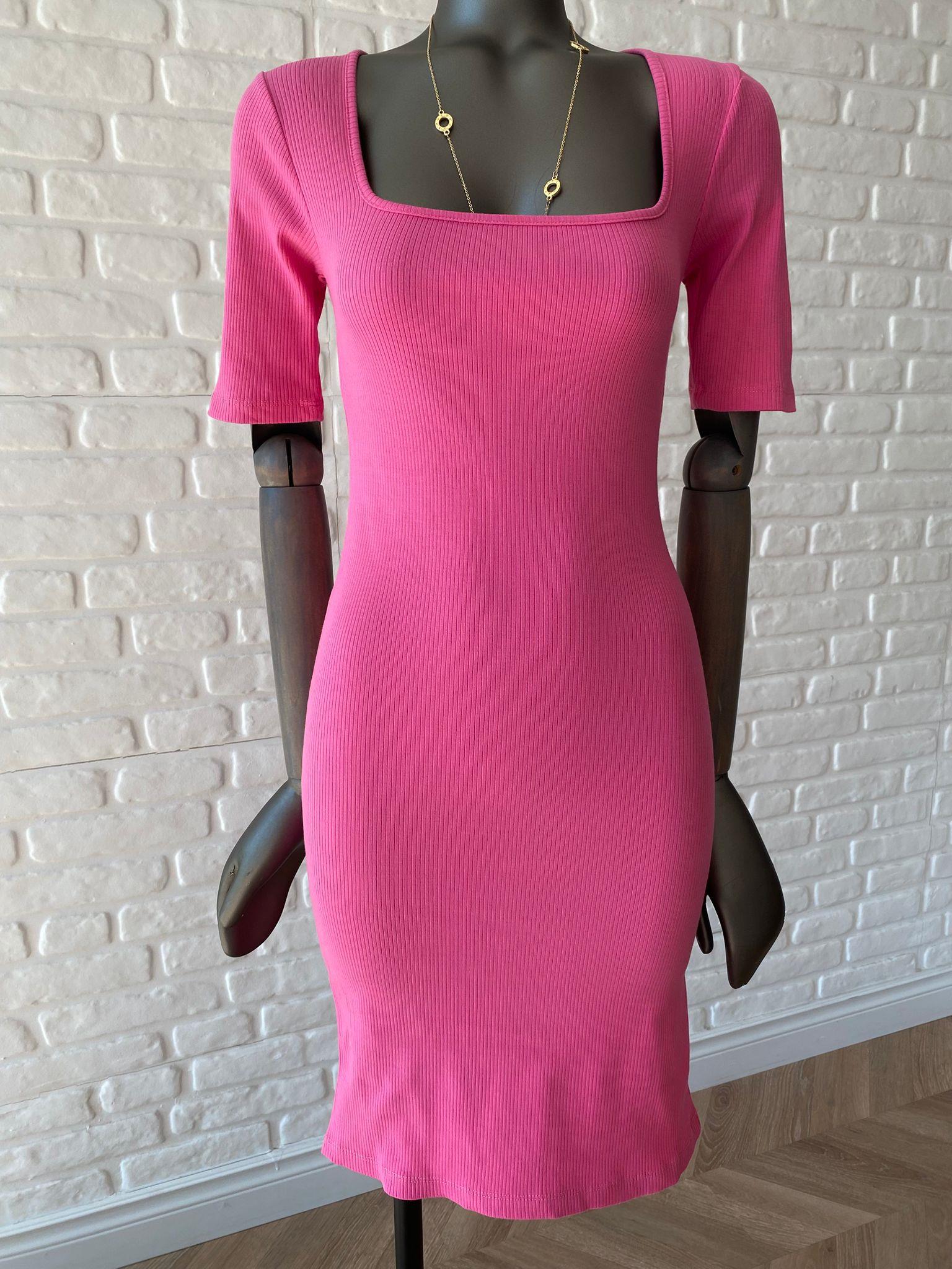 Fuşya Fitilli Kare Yaka Elbise