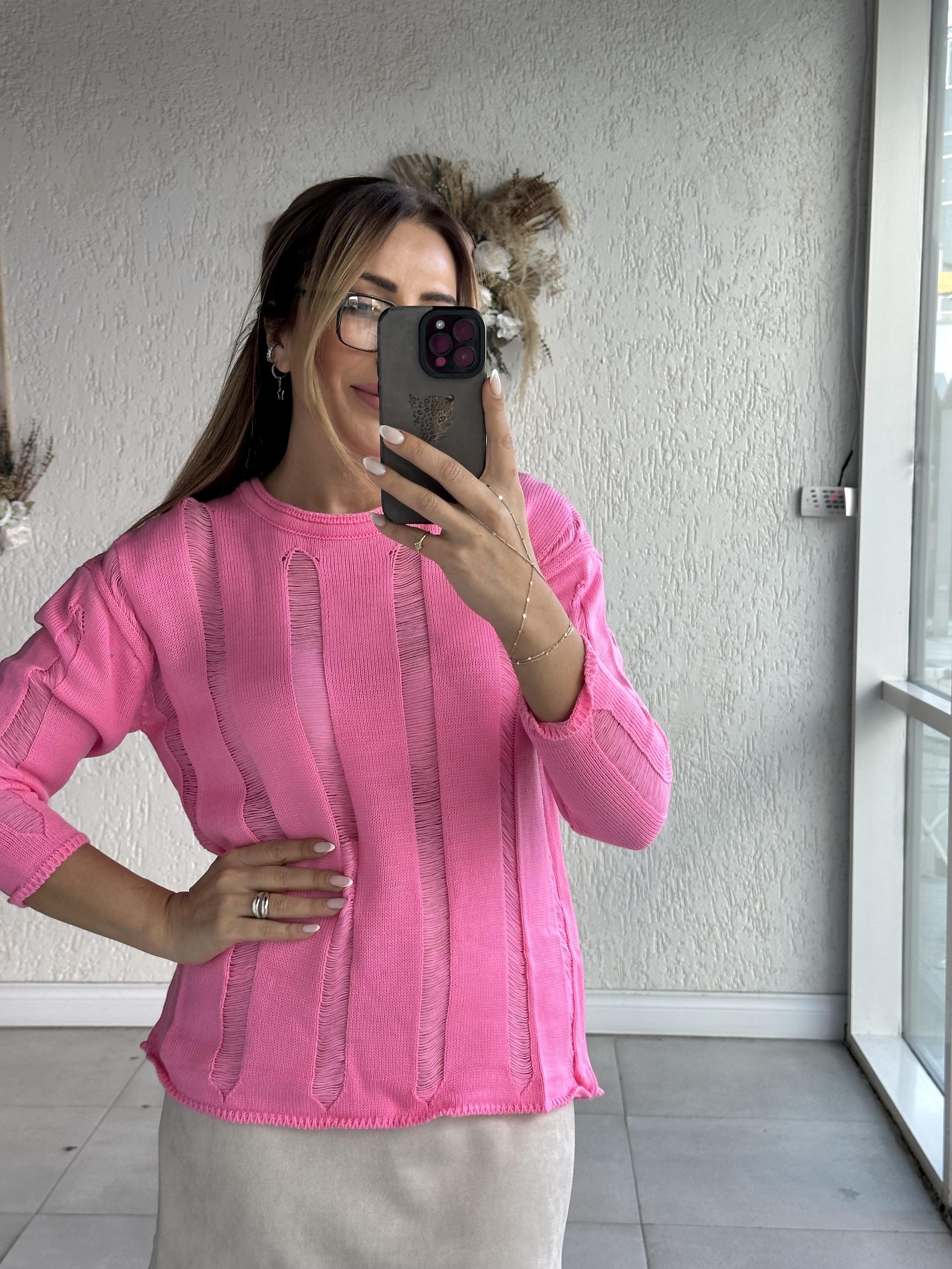 Fuşya Kesik Detaylı Triko Kazak