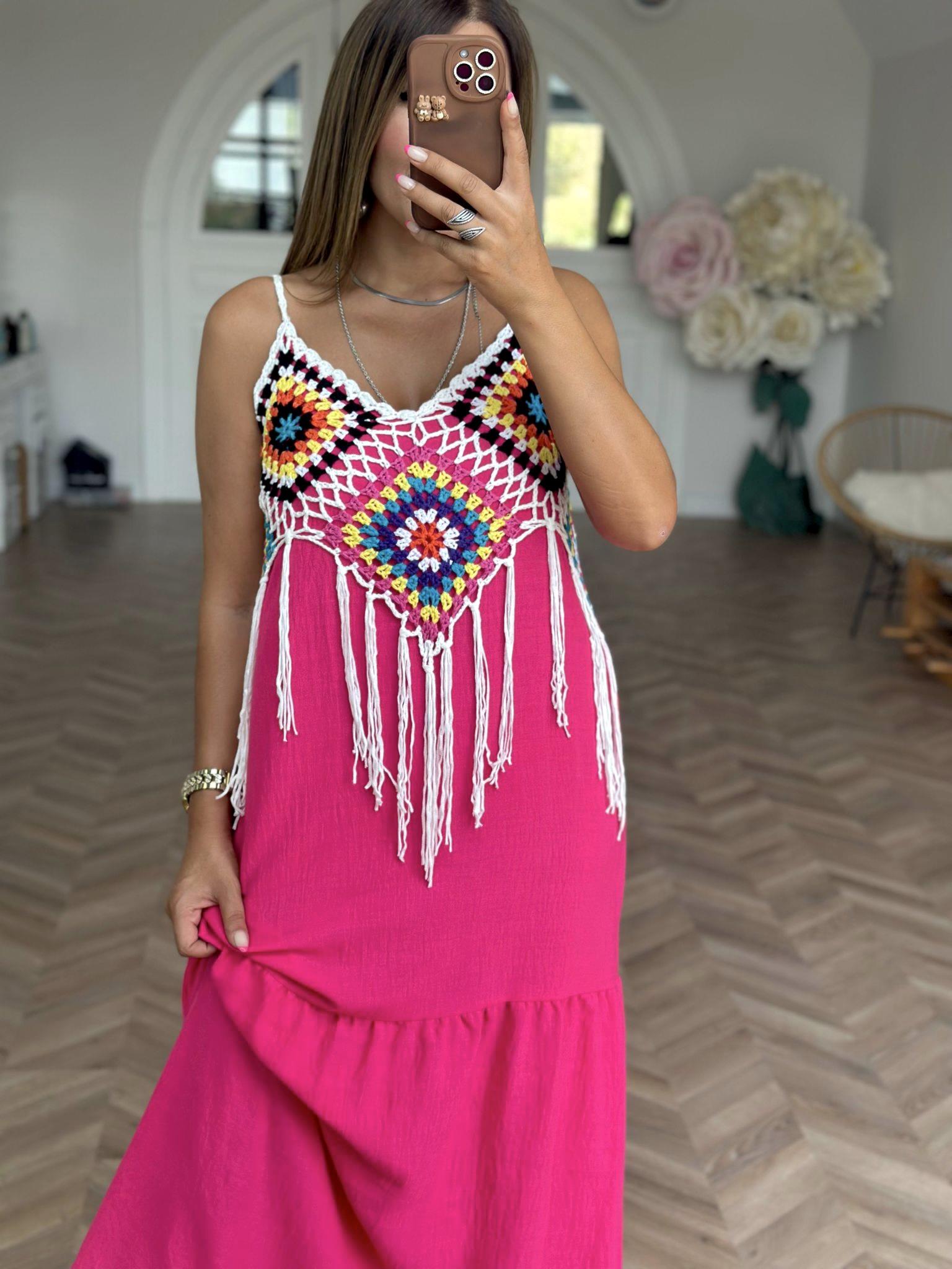 Fuşya Örme Detaylı Elbise