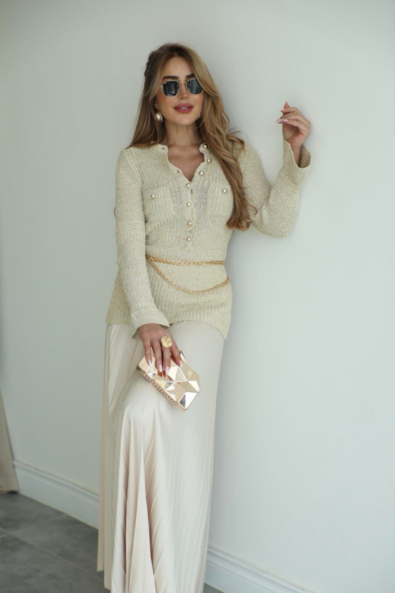 Gold Simli Piliseli Etek Hırka Takım