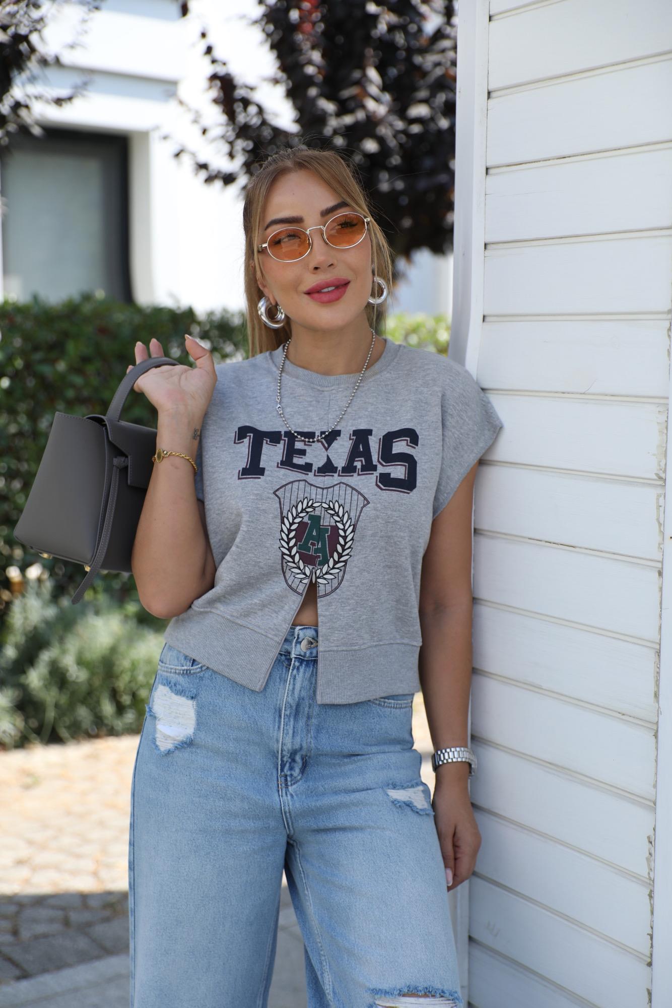 Gri Baskılı Sweat Bluz