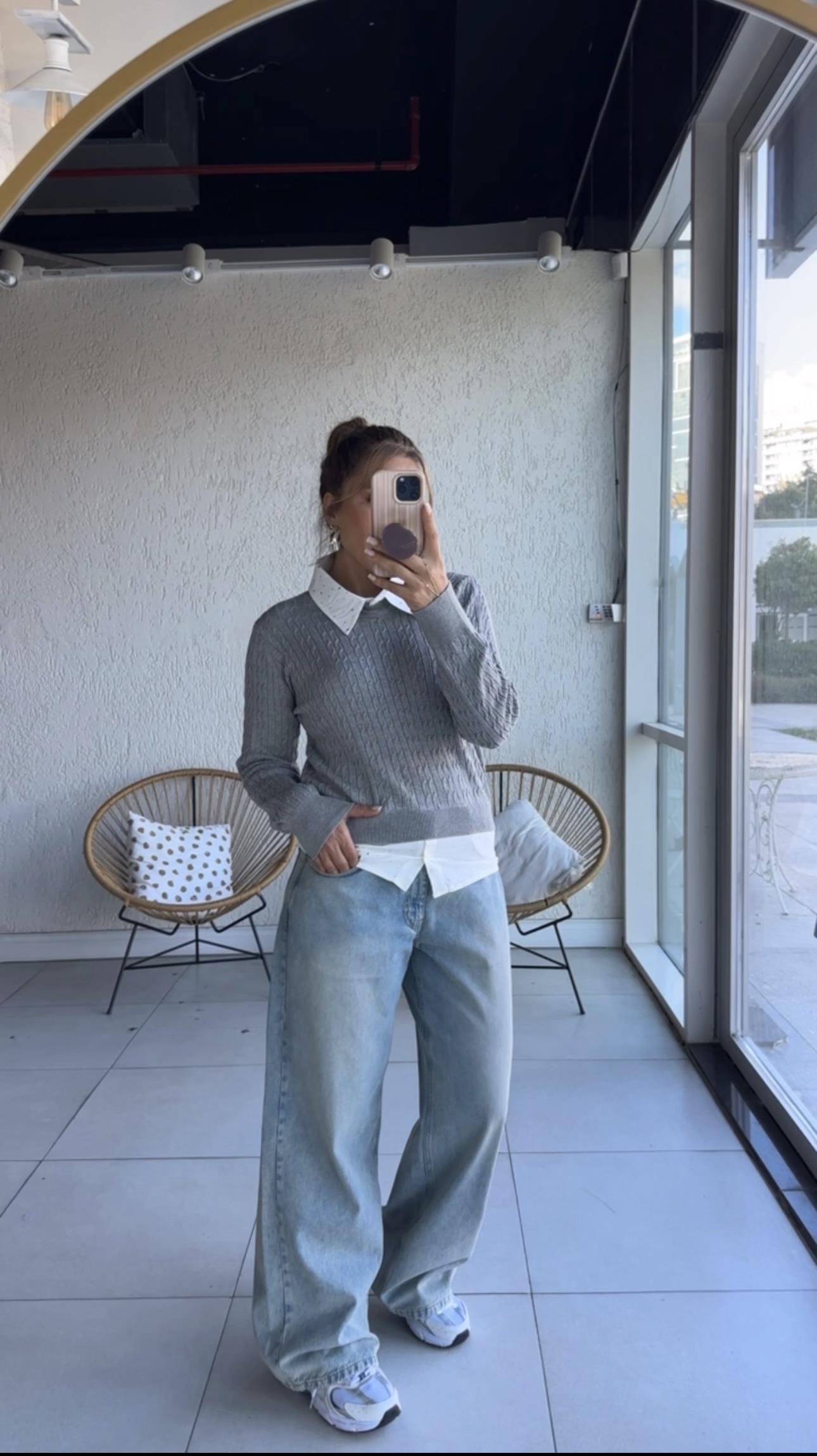 Gri Beyaz Poplin Detaylı Triko 