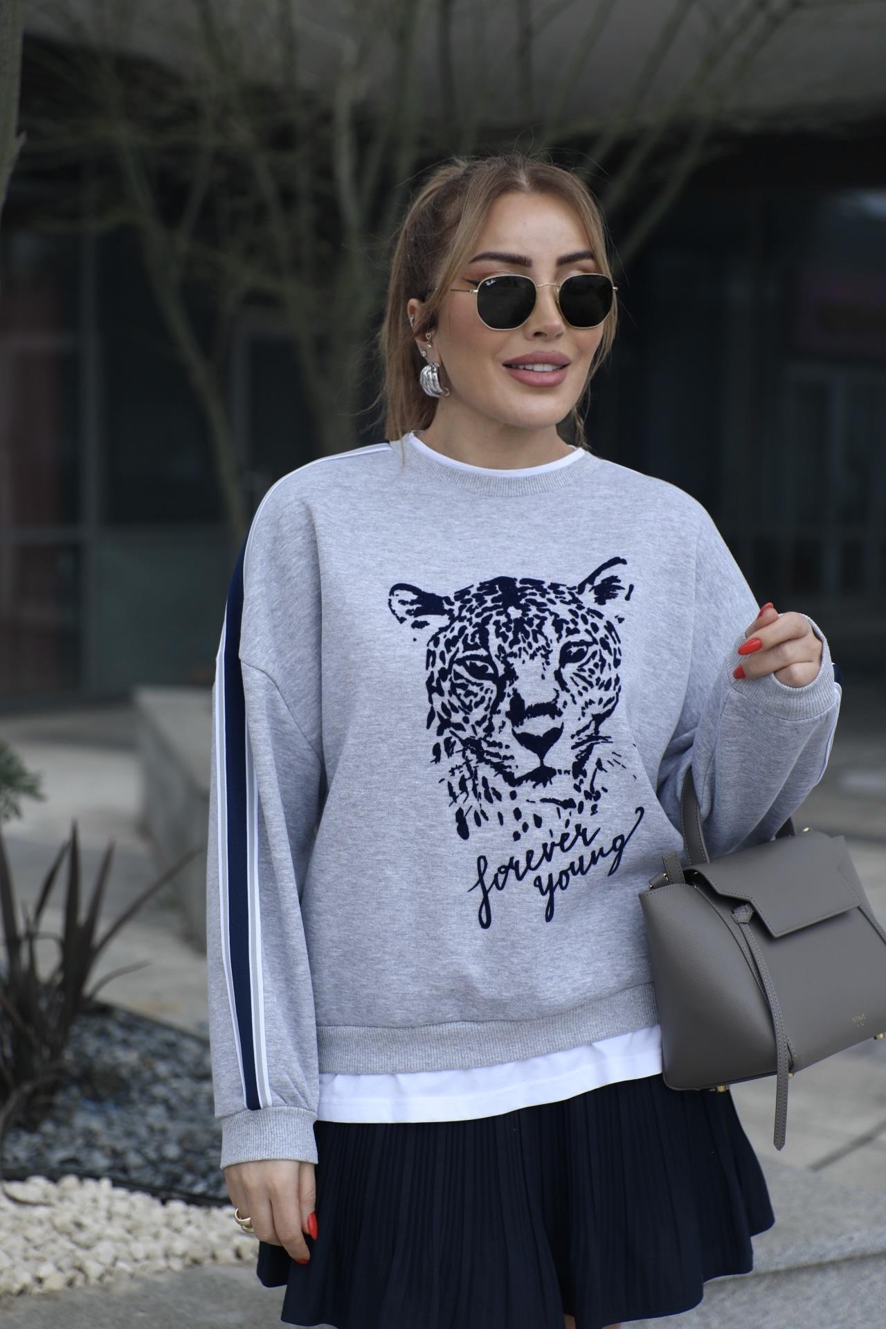 Gri Lacivert Baskılı Sweat