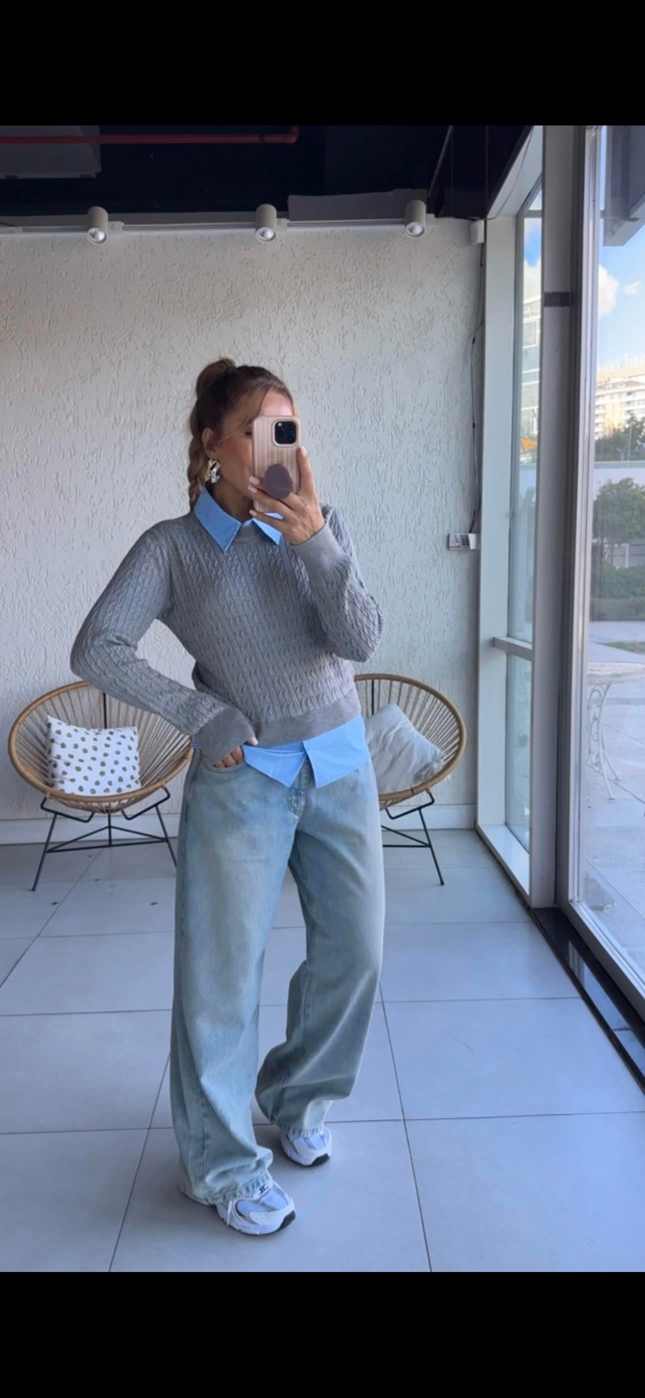 Gri Mavi Poplin Detaylı Triko 