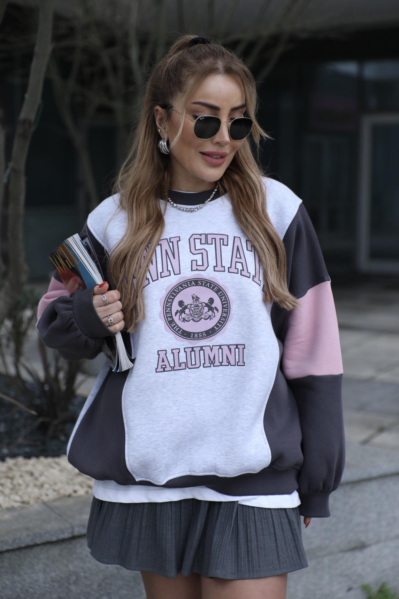 Gri Pembe Baskılı Sweat