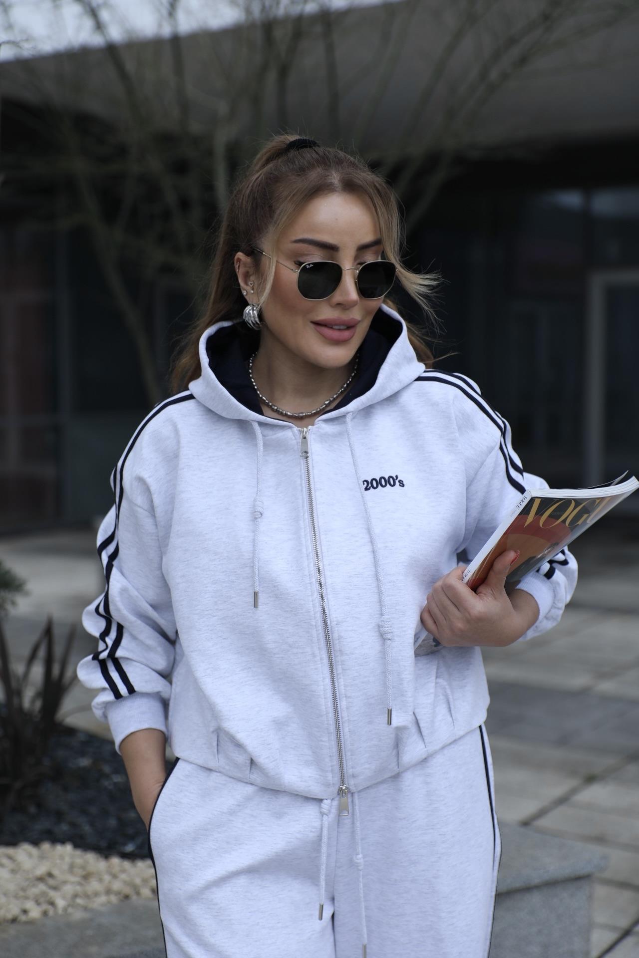 Gri Pile Detaylı Sweat Hırka