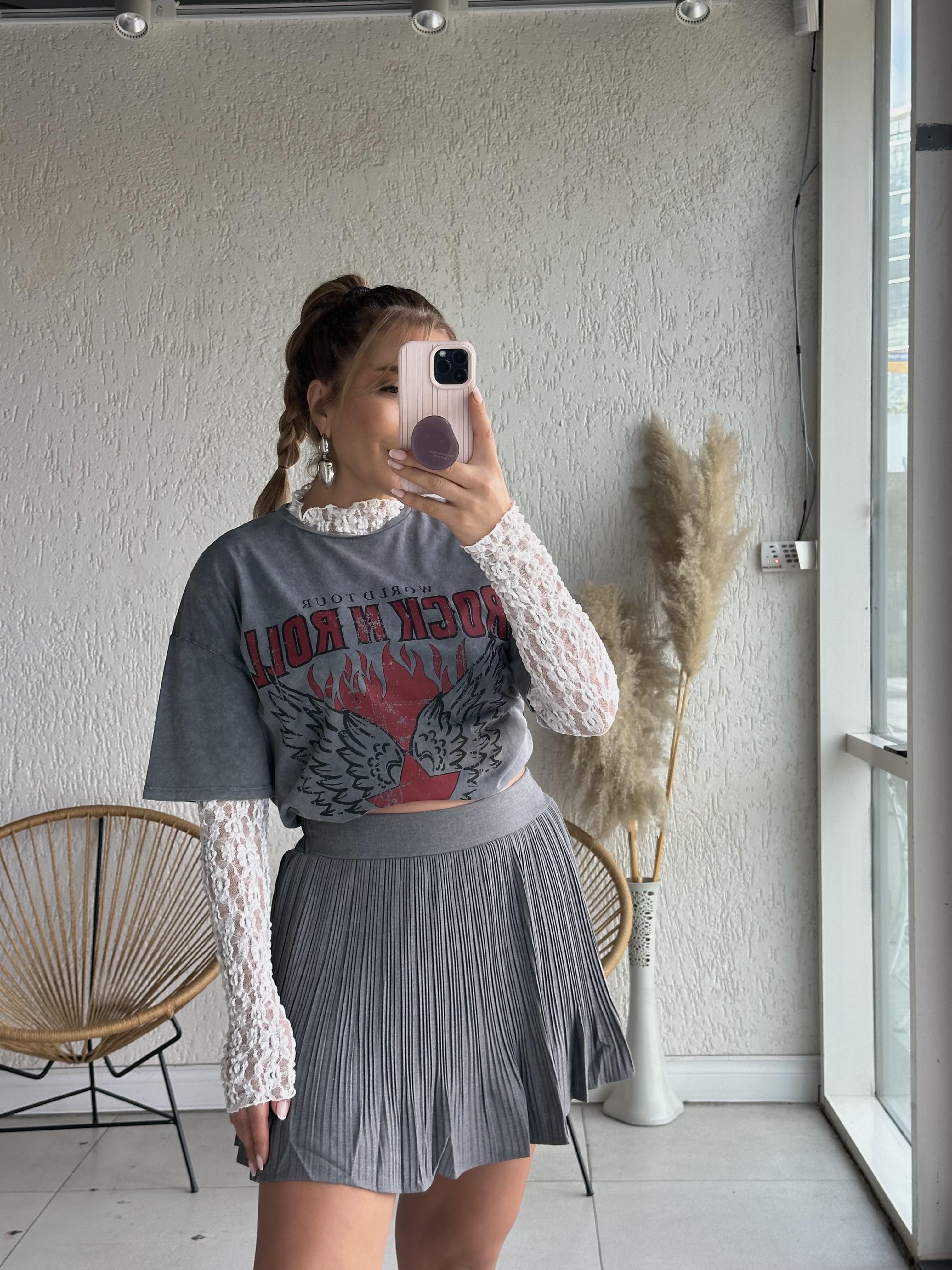 Gri Piliseli Şort Etek