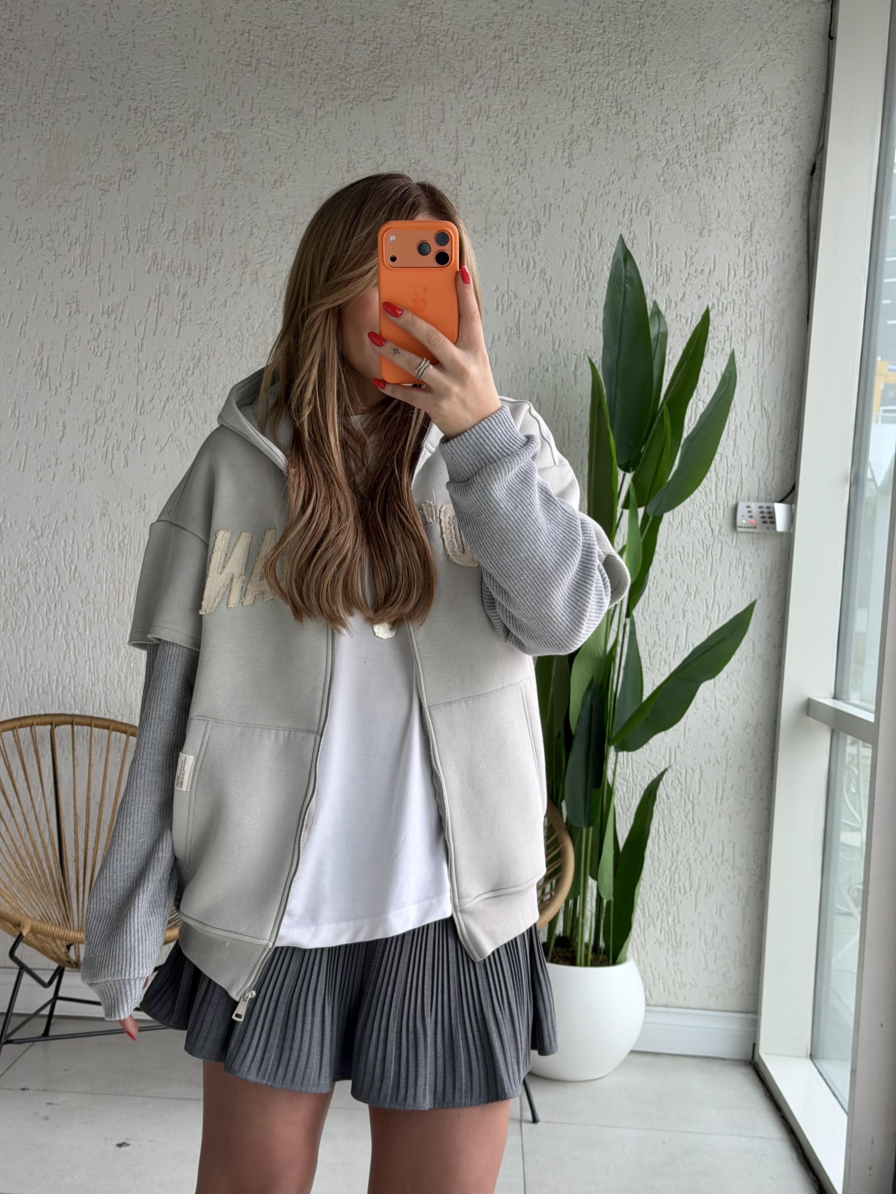 Gri Triko Detaylı Sweat Hırka 