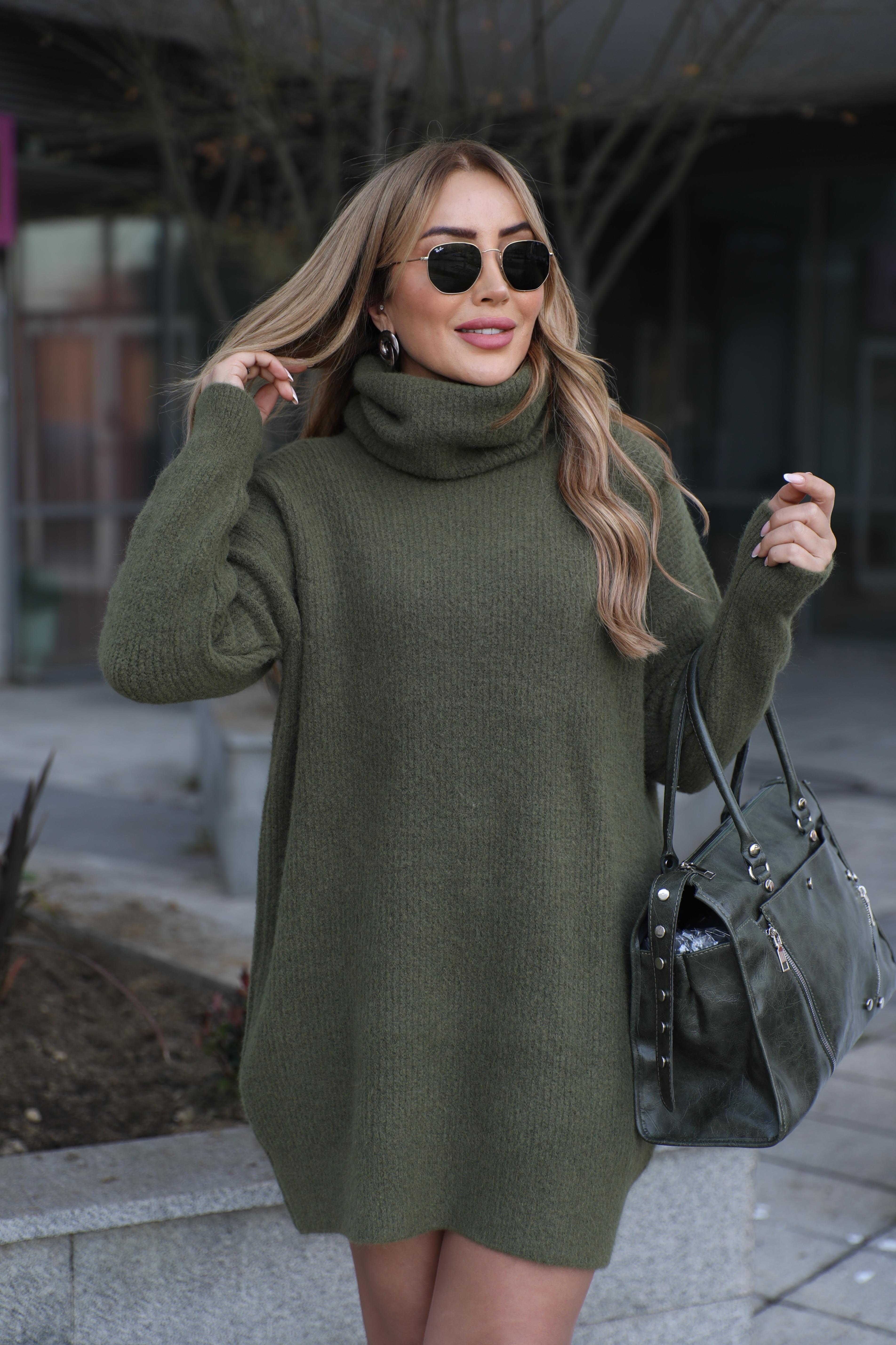 Haki Balıkçı Dokulu Elbise 