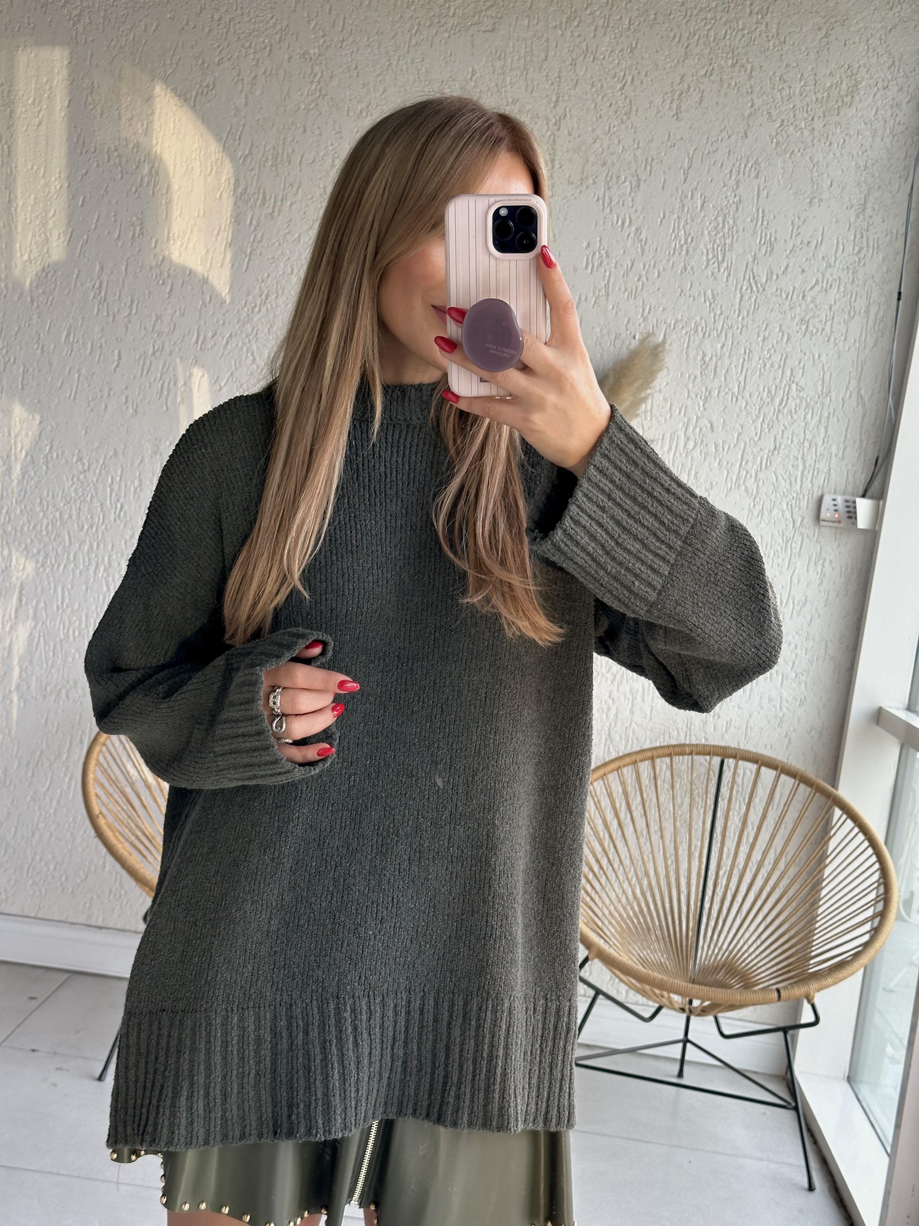 Haki Dokulu Yumoş Oversize Kazak