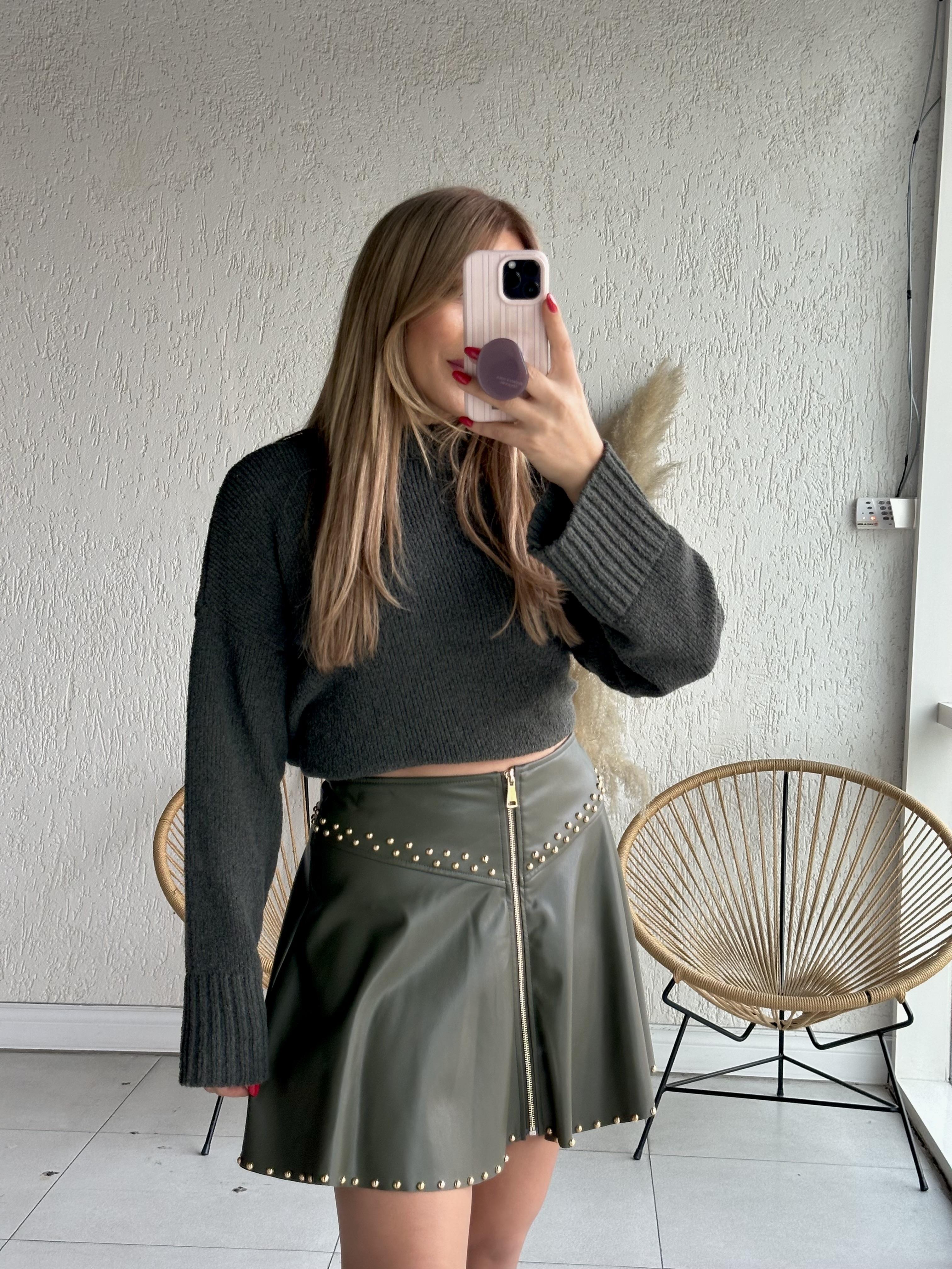 Haki Droplu Deri Etek