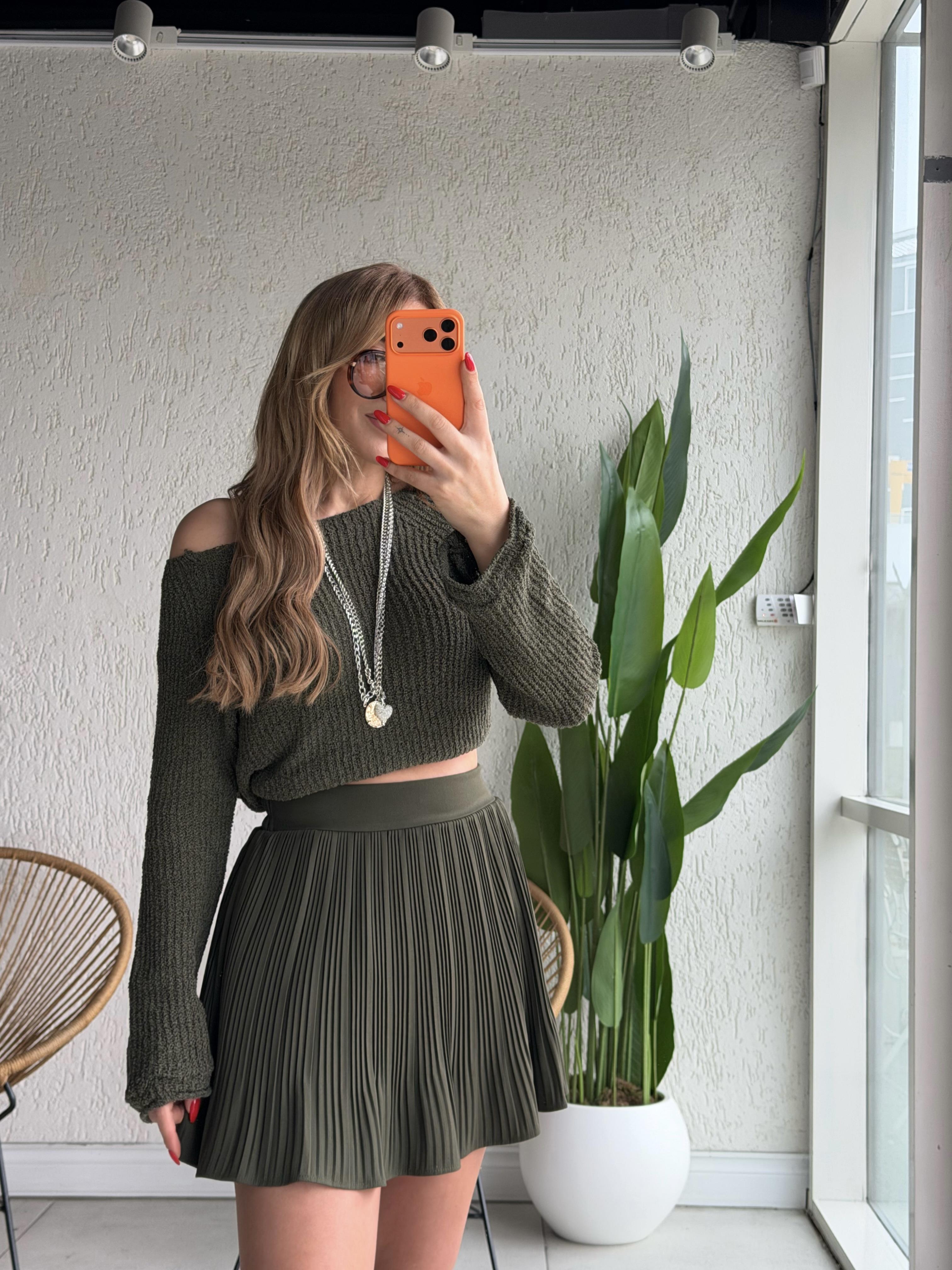 Haki Piliseli Şort Etek