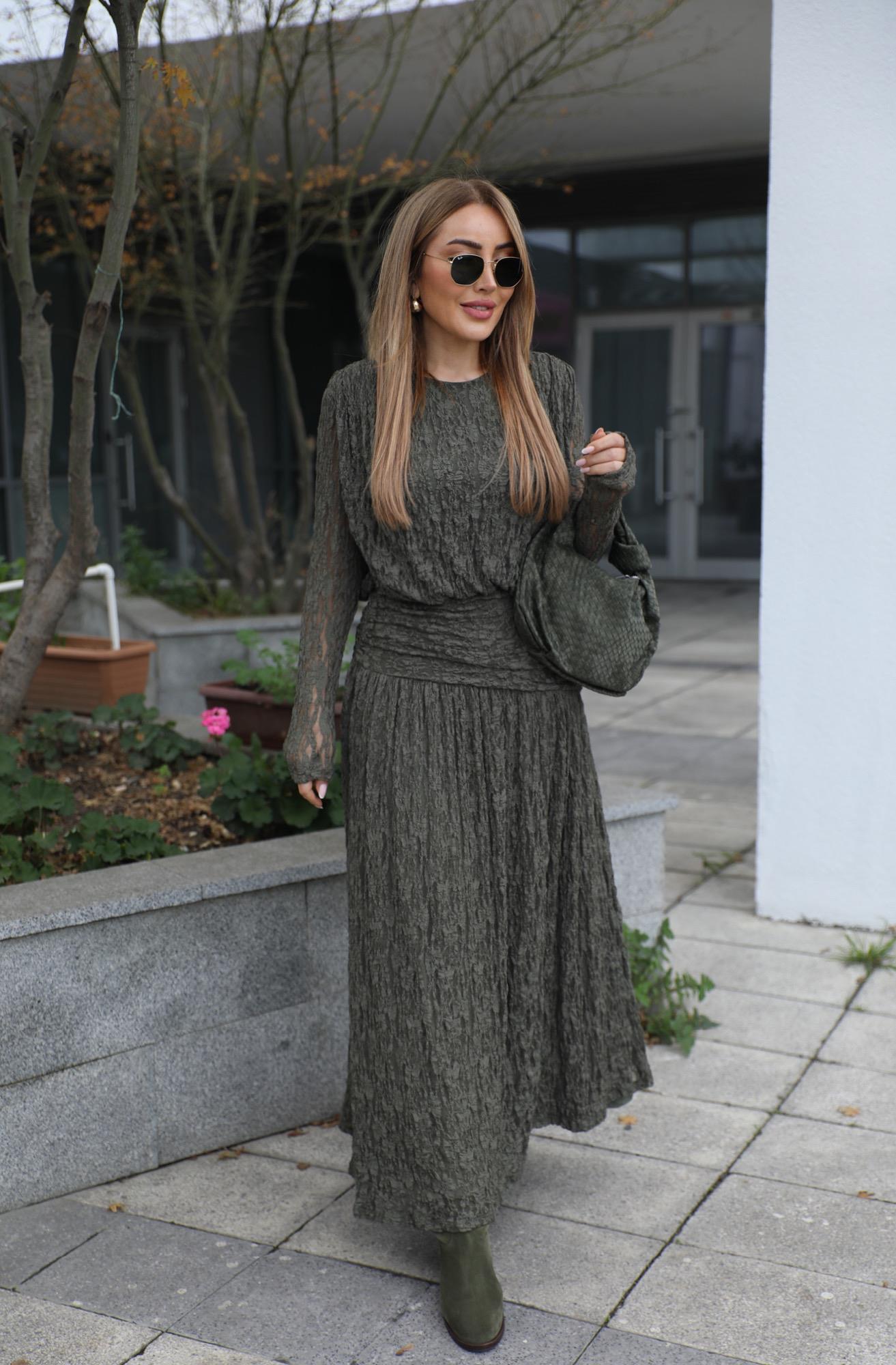 Haki Uzun Dantel Elbise