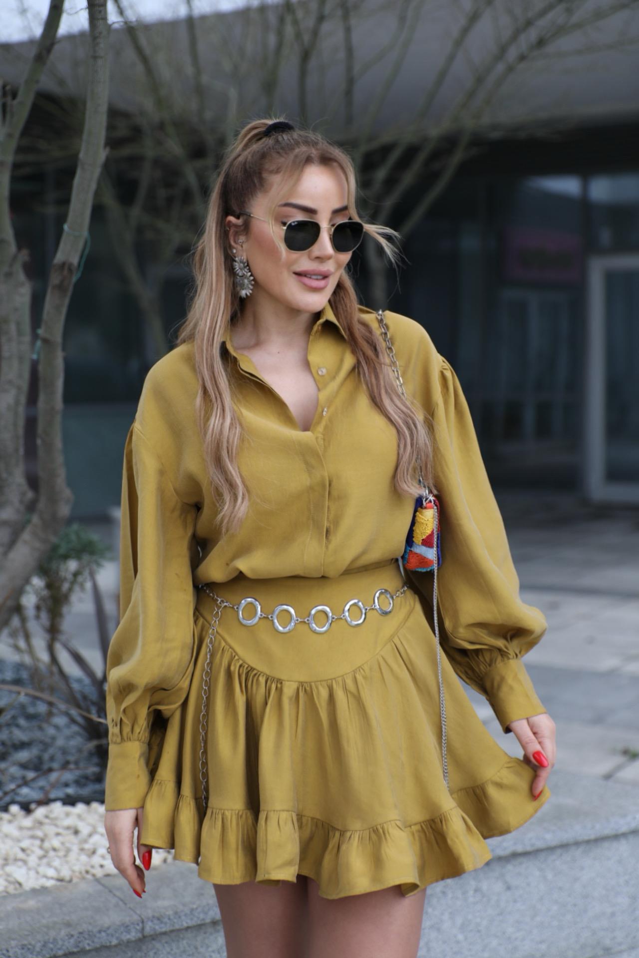 Hardal Rengi Volanlı Etek