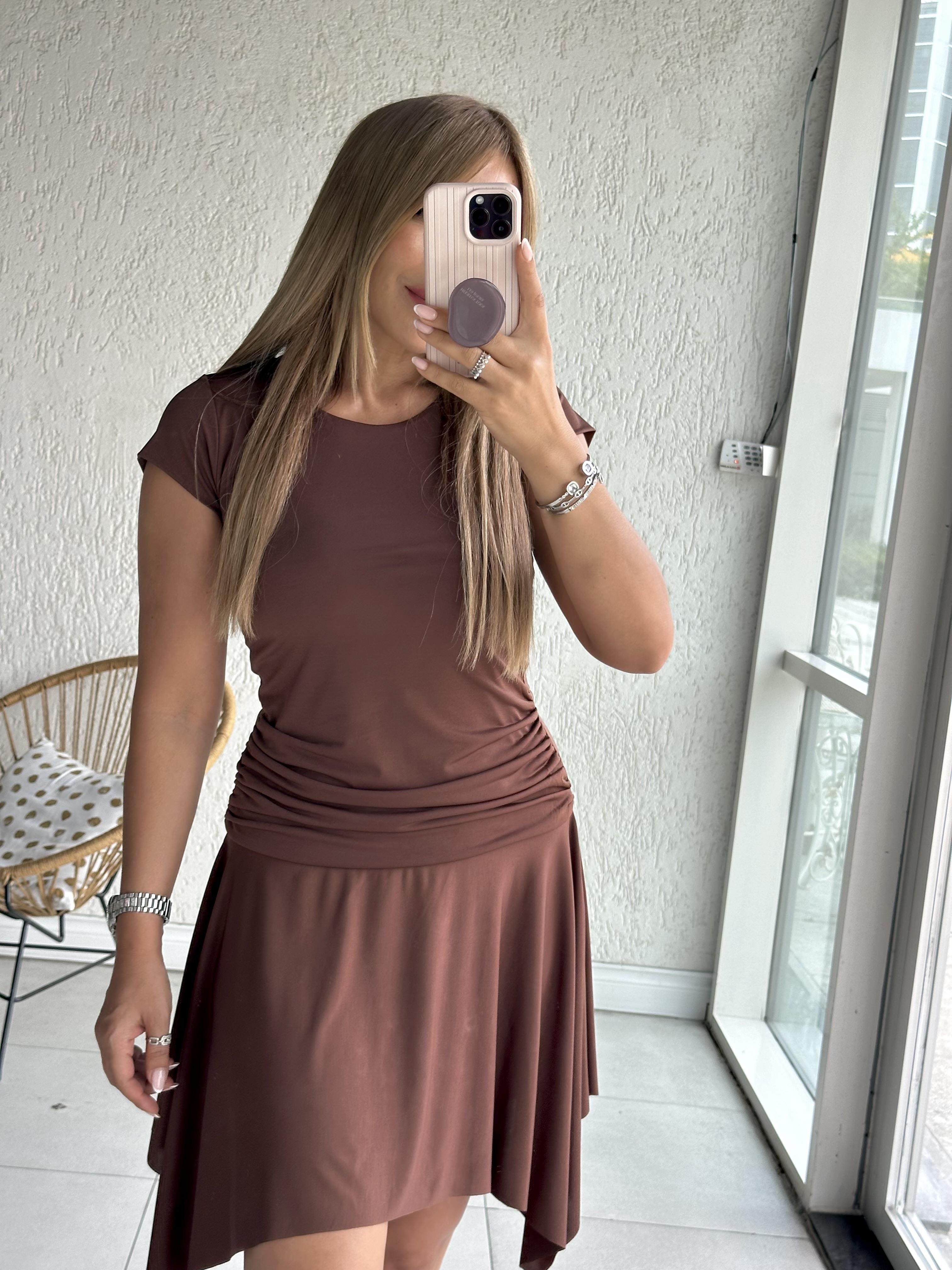 Kahve Asimetrik Sandy Elbise 