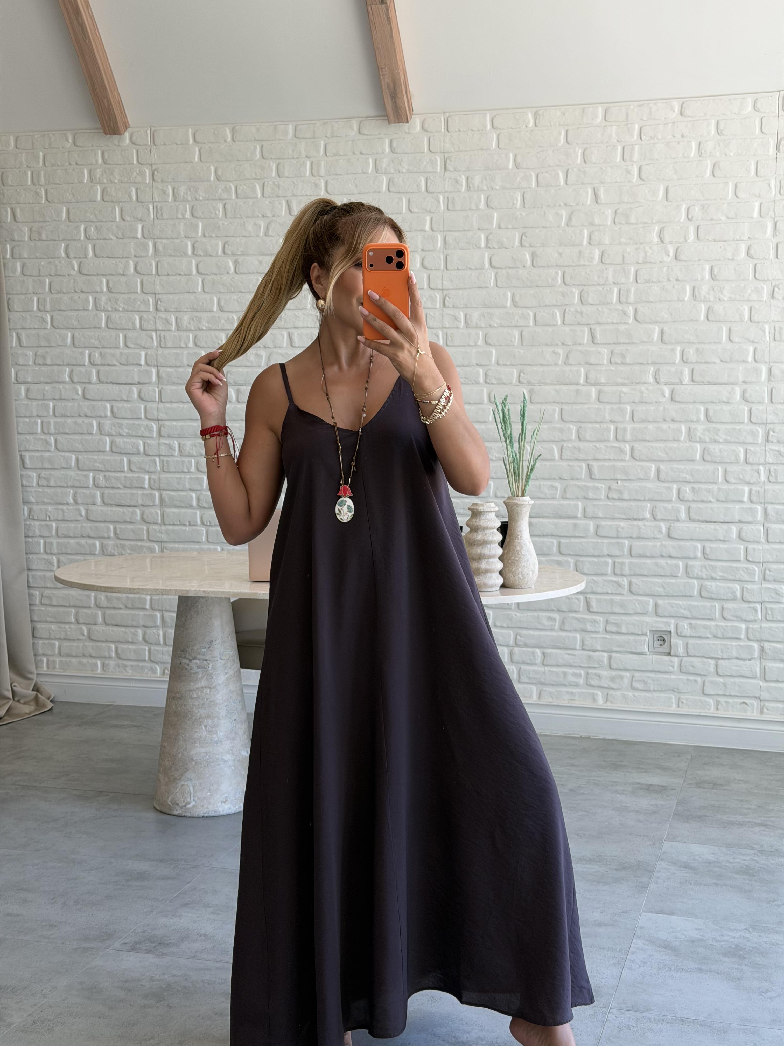 Kahve Askılı Maxi Çan Elbise
