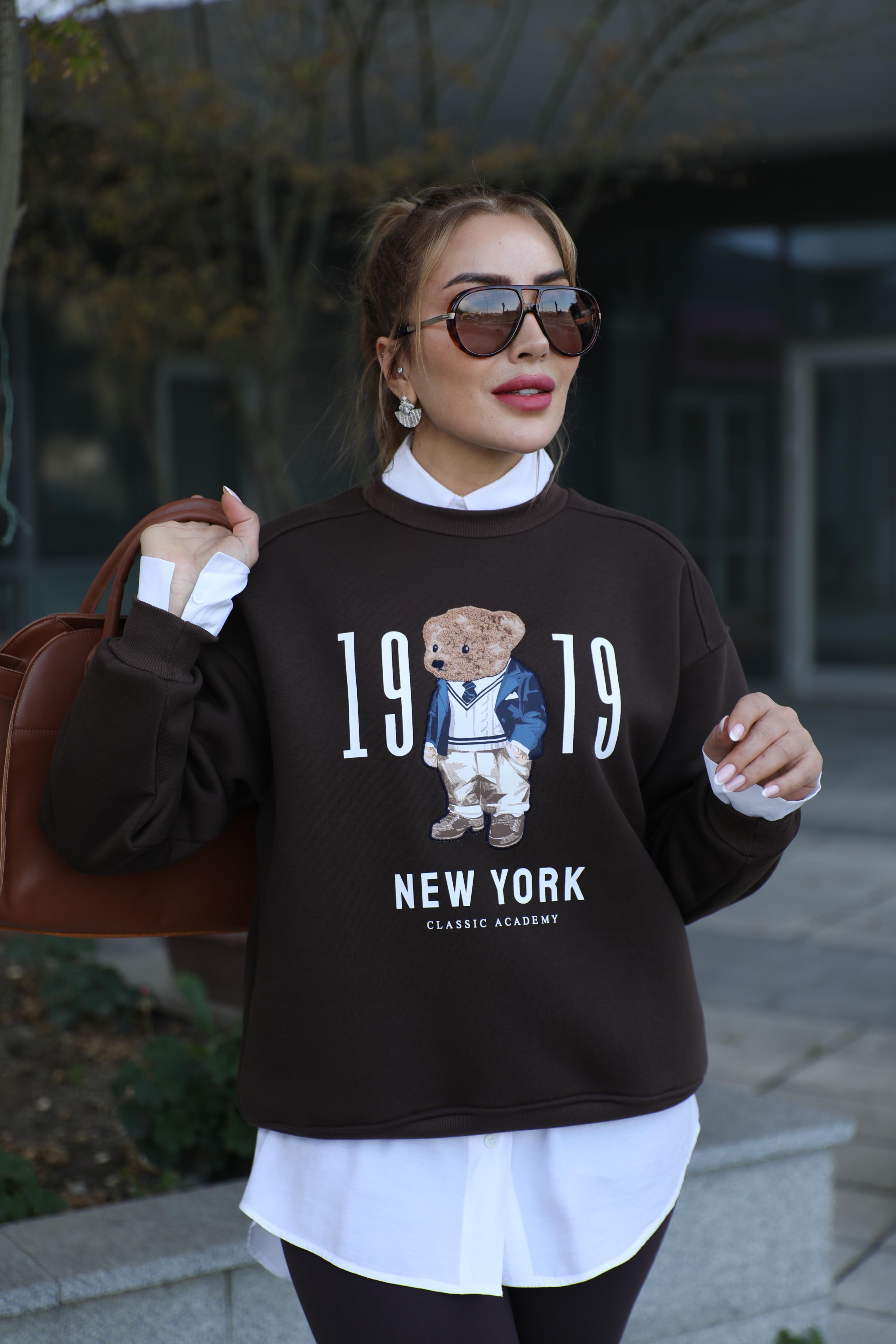 Kahve Ayıcık Nakışlı Sweat