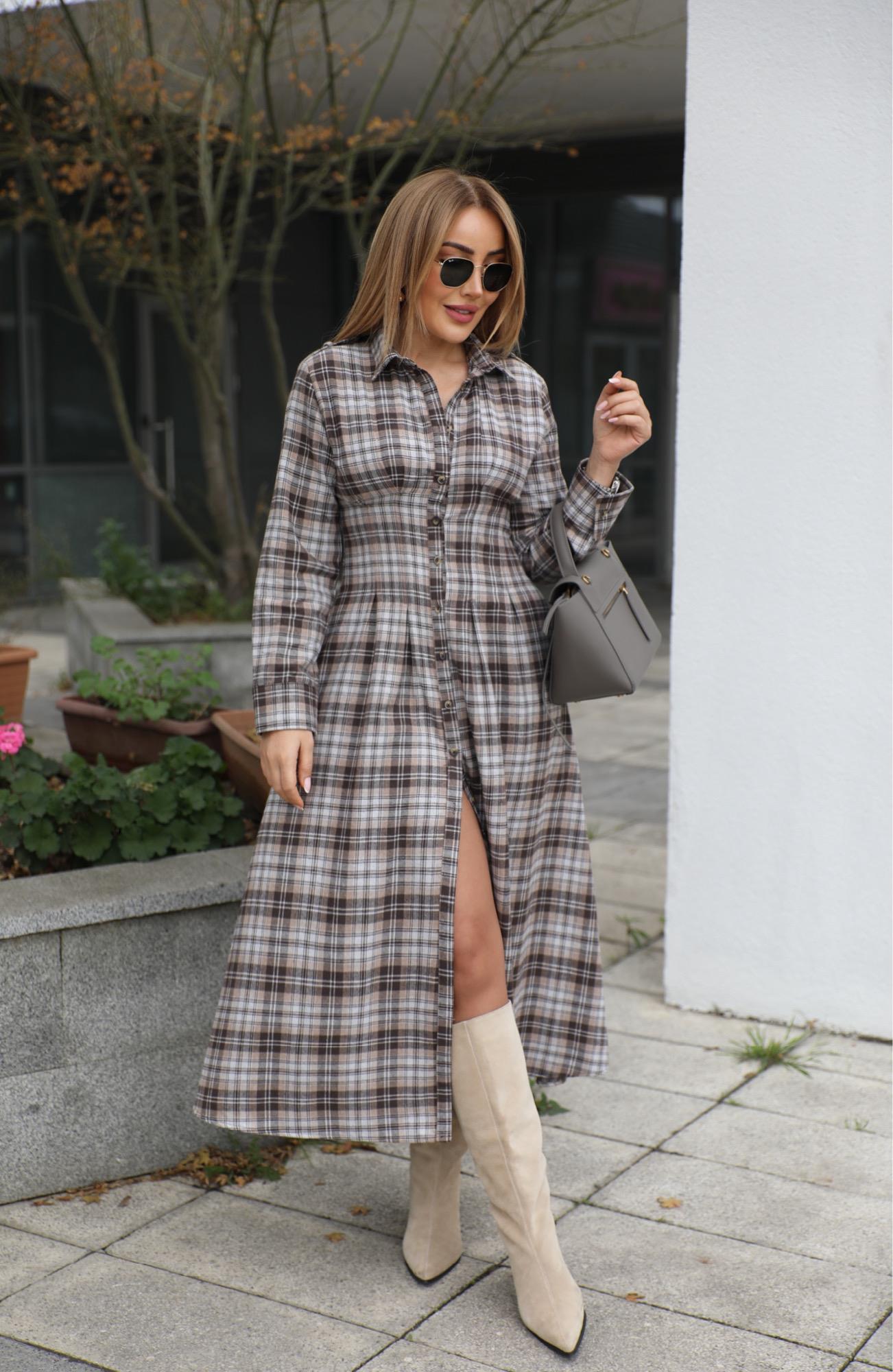 Kahve Bej Ekoseli Pileli Gömlek Elbise