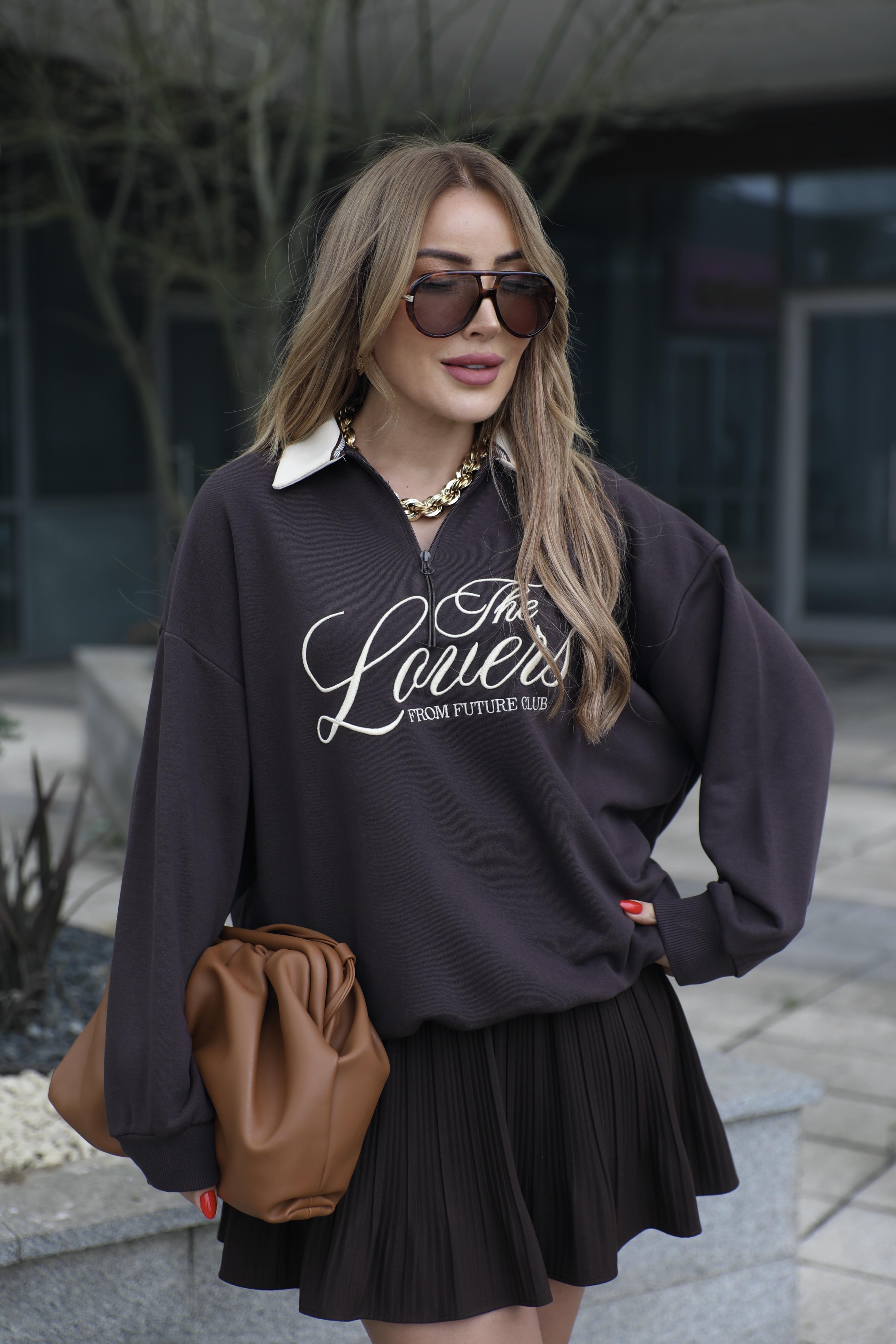 Kahve Bej Nakışlı Sweat