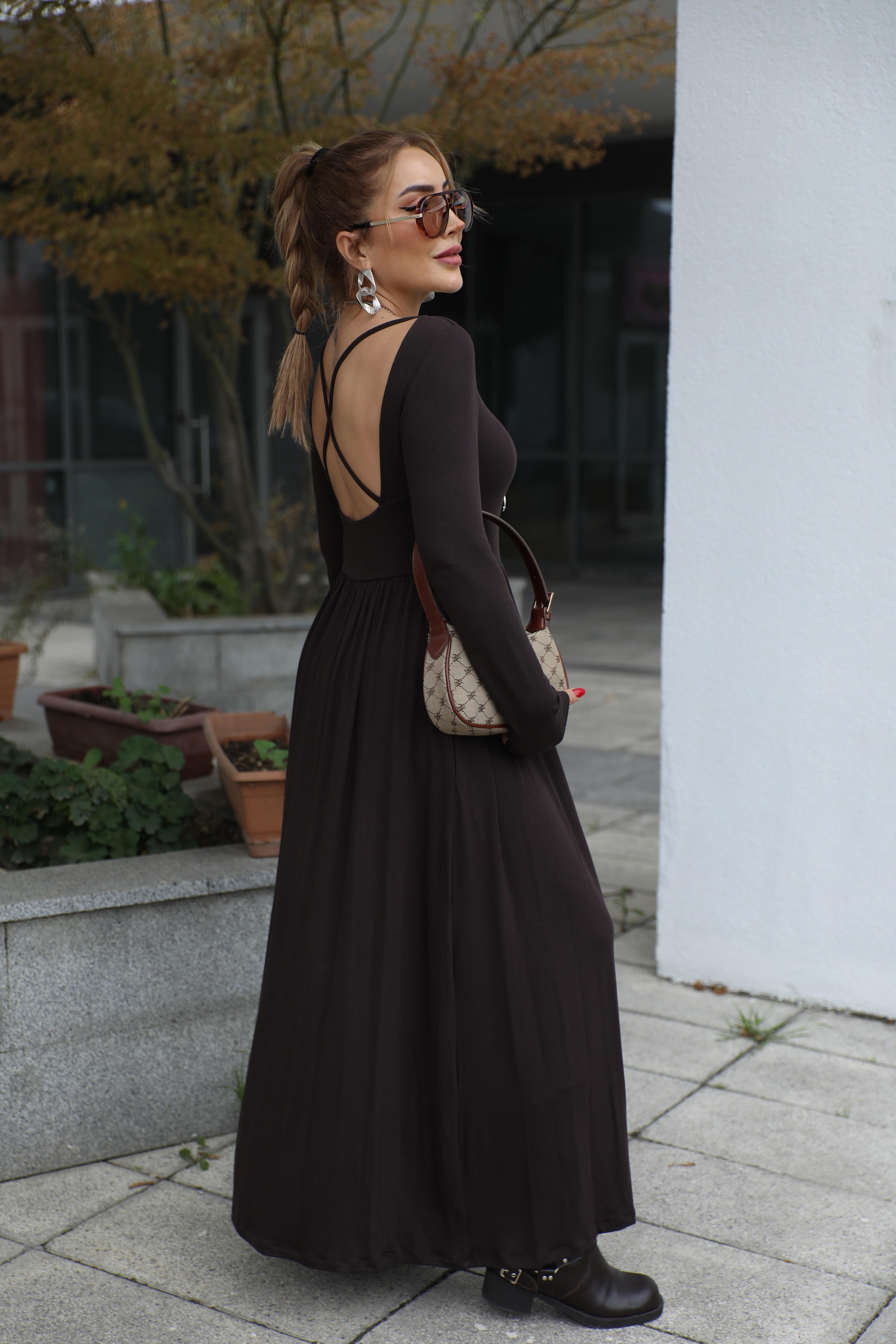 Kahve Çapraz Detaylı Triko Elbise 