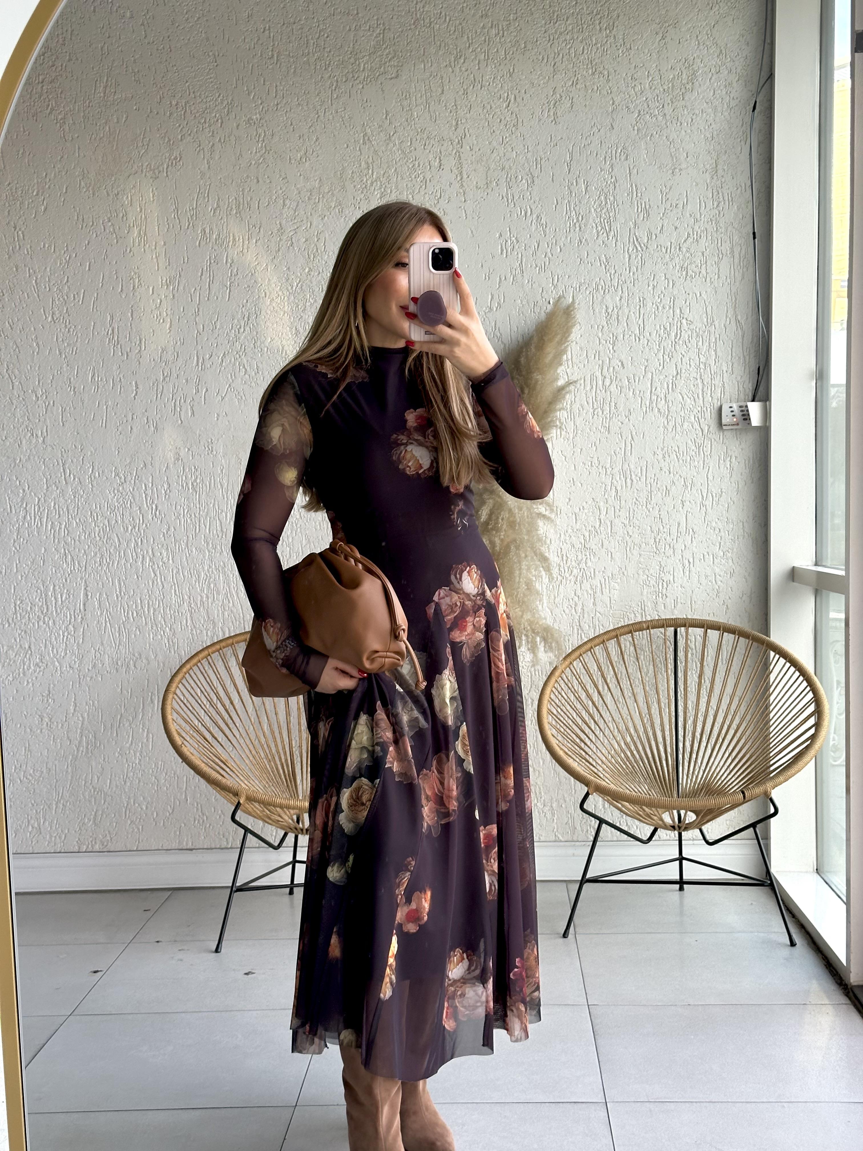 Kahve Çiçekli Maxi Elbise 