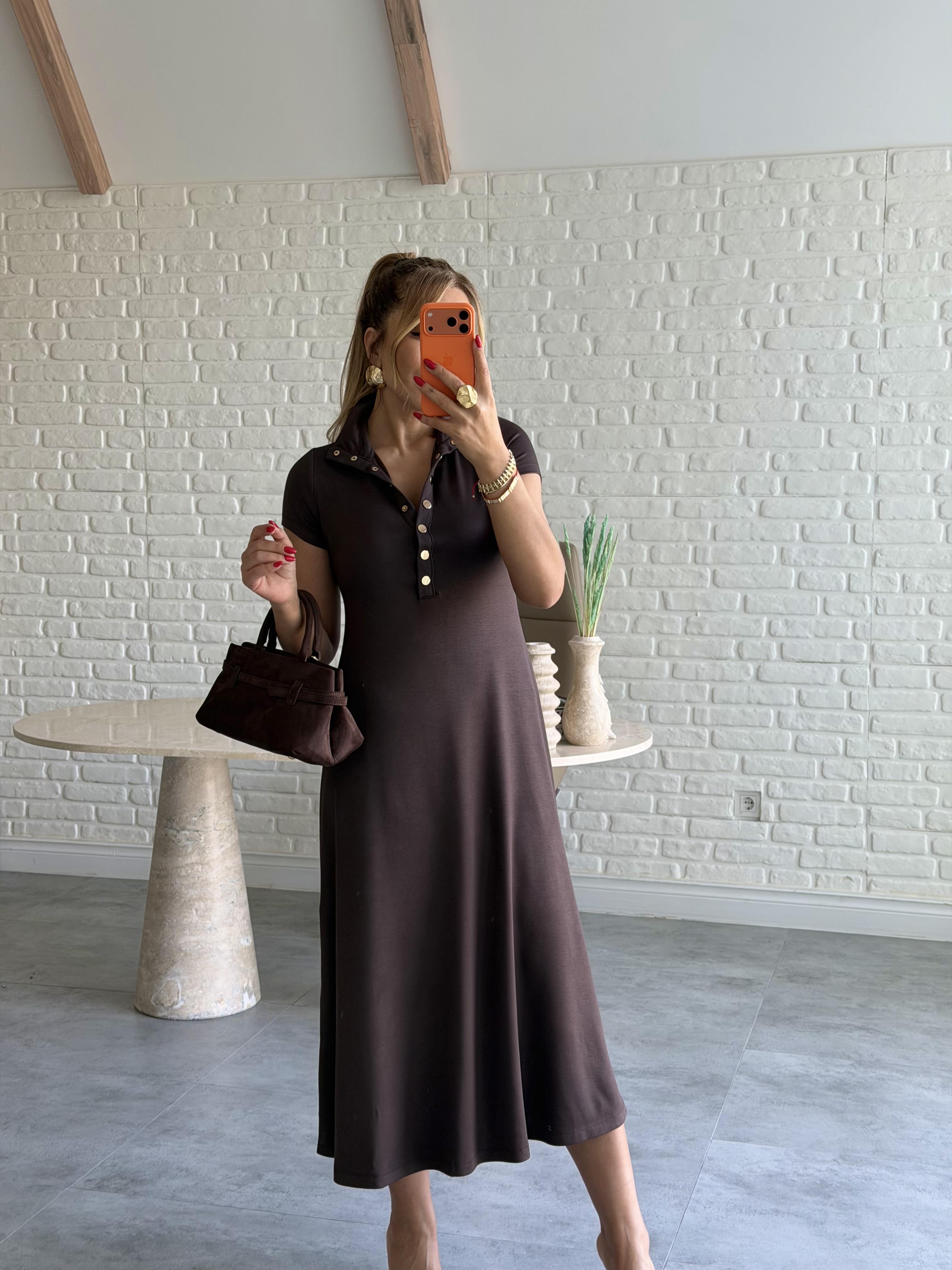 Kahve Çıtçıtlı Modal Elbise