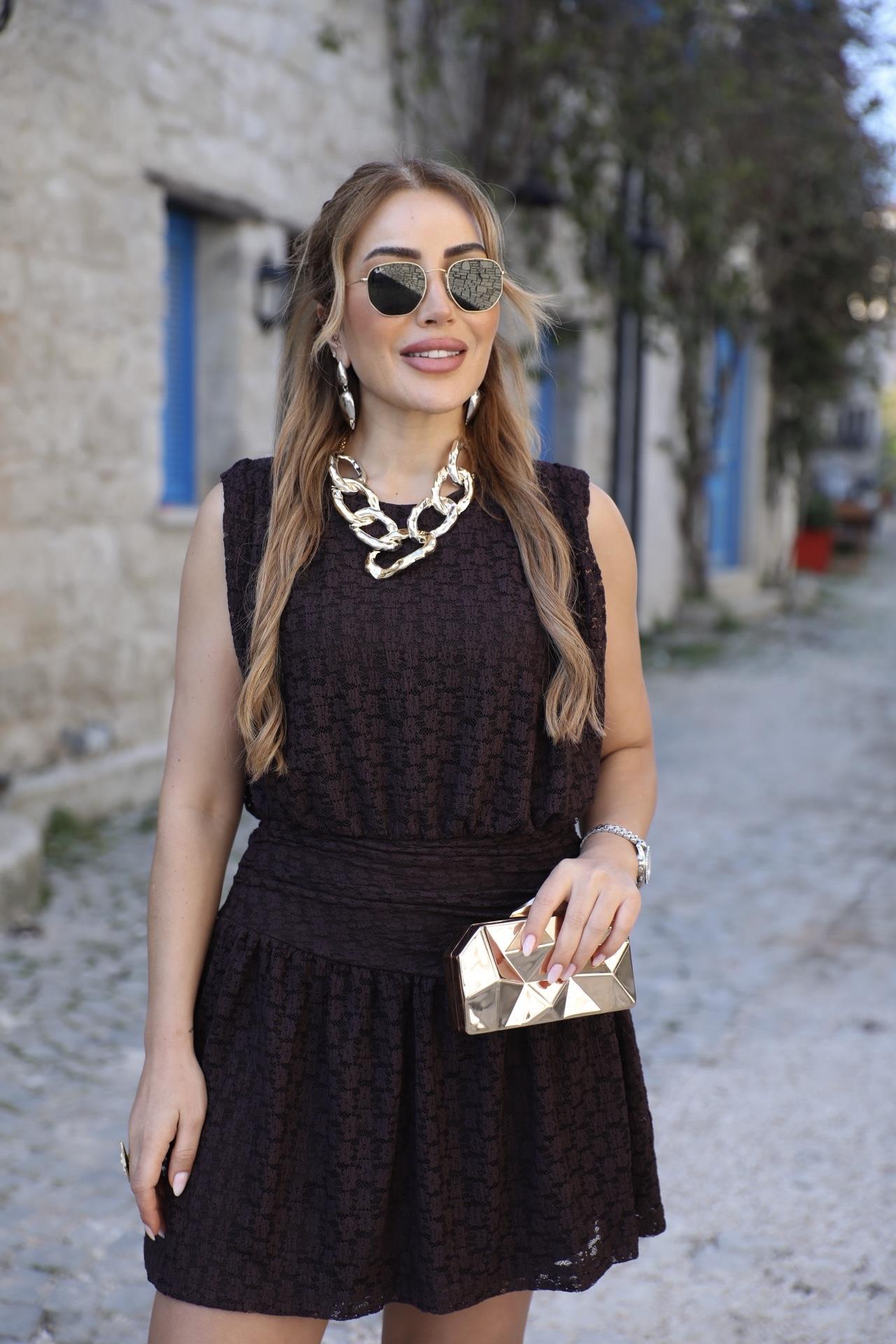 Kahve Dantel Askılı Drapeli Elbise 