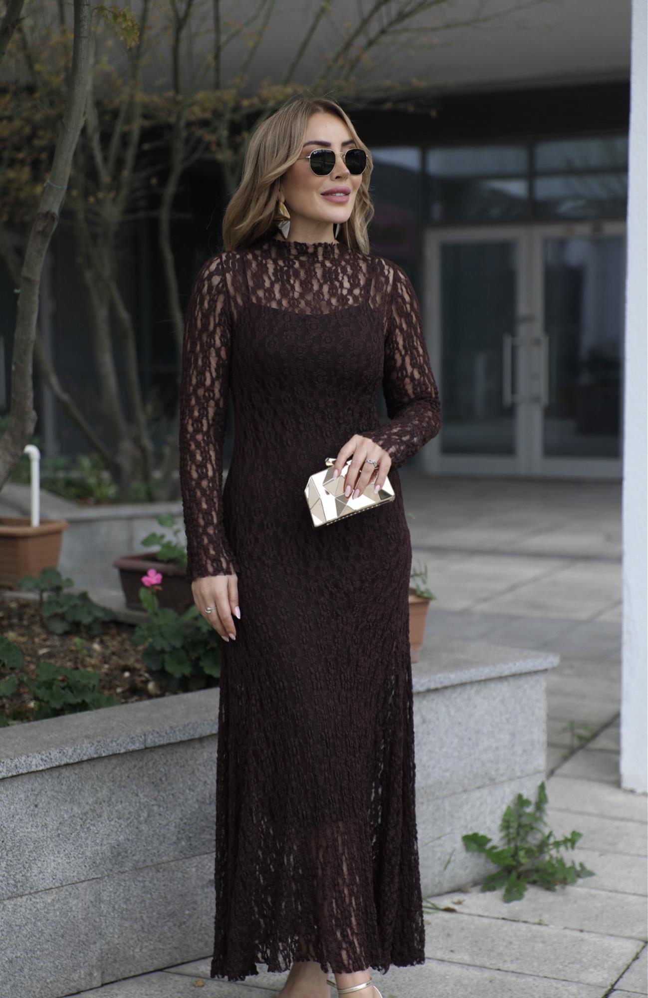 Kahve Dantel Maxi Elbise