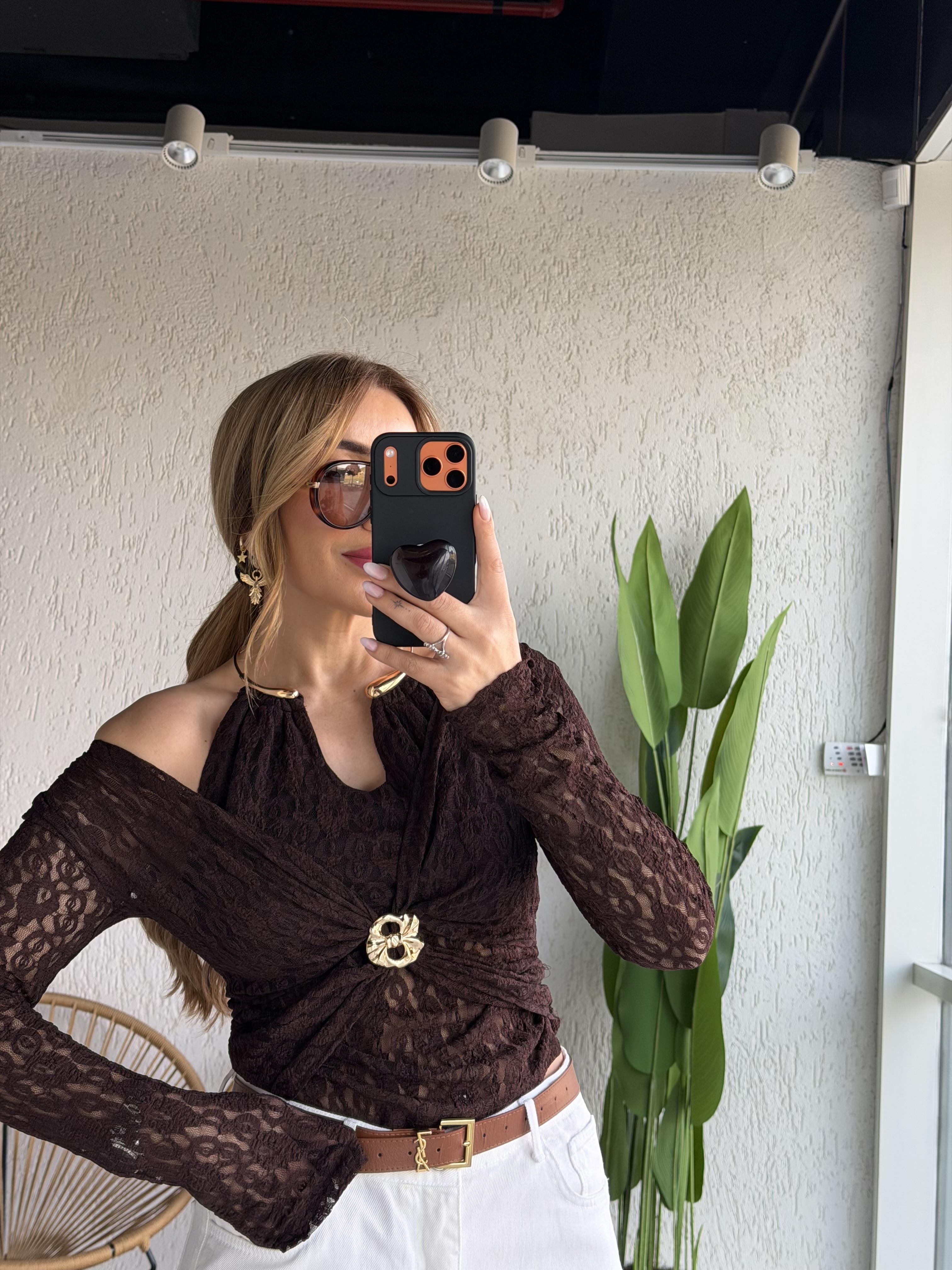 Kahve Dantel Tasarım Gold Detaylı Bluz