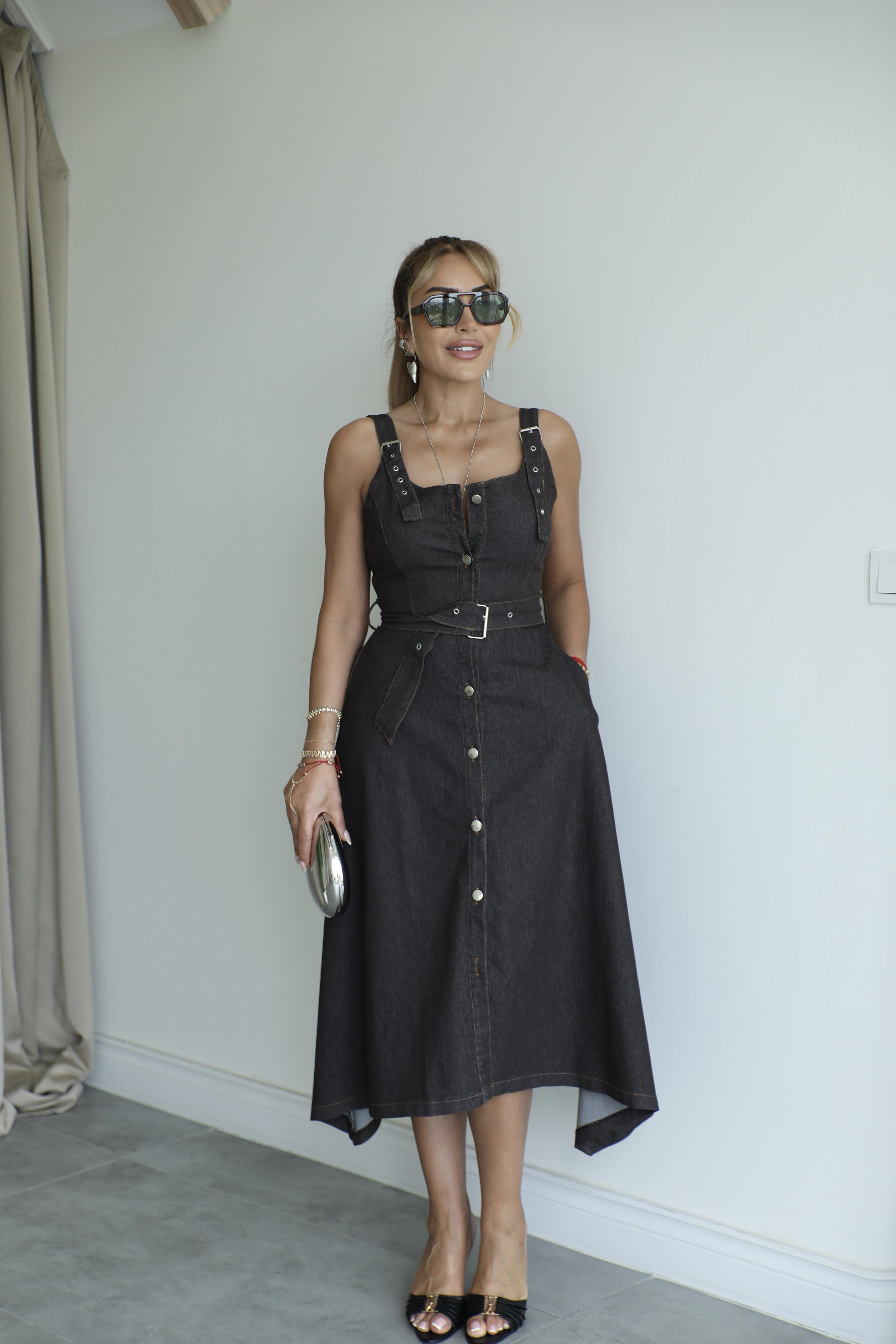 Kahve Denim Asimetrik Elbise 