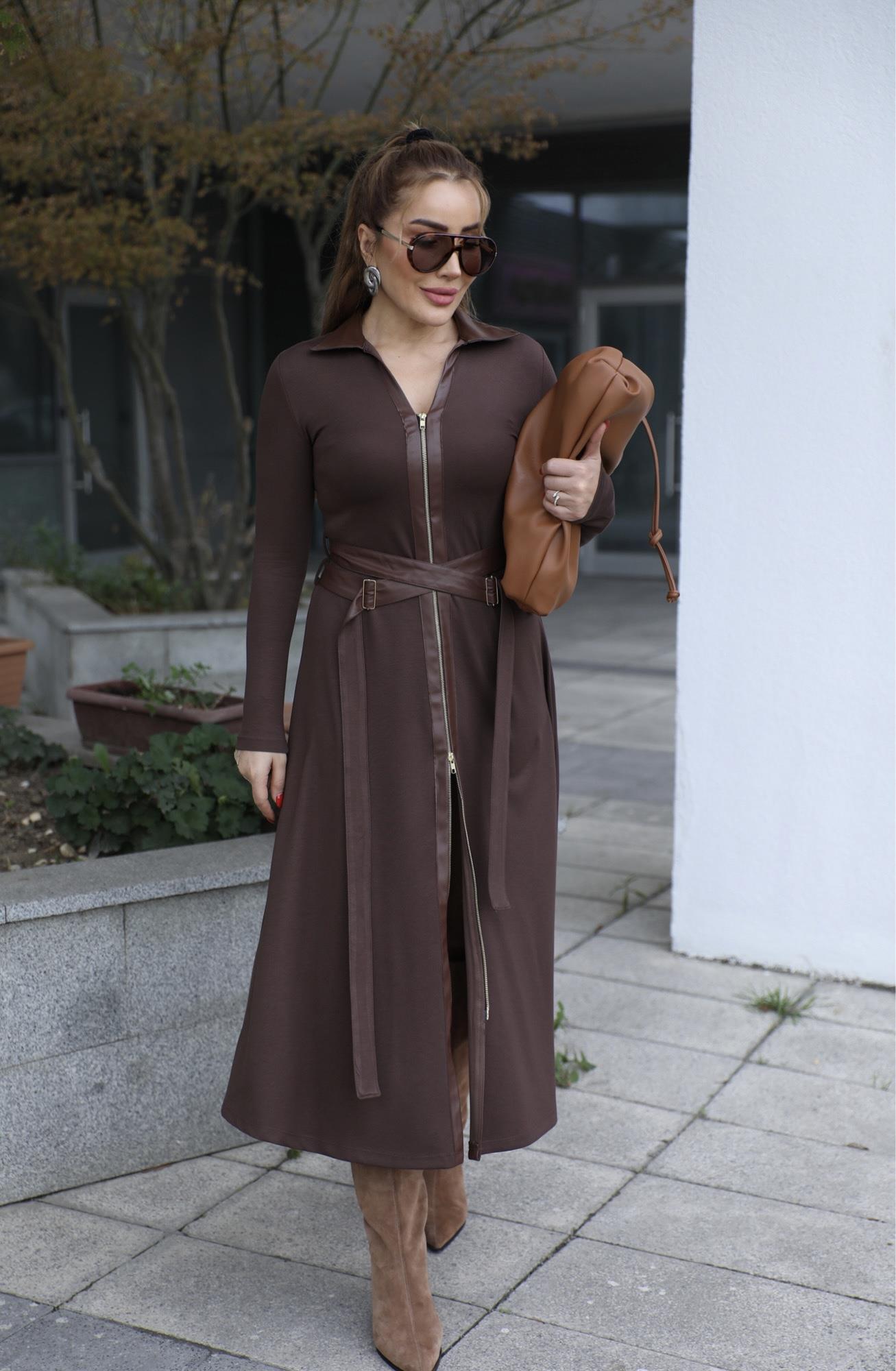 Kahve Deri Detaylı Modal Elbise 