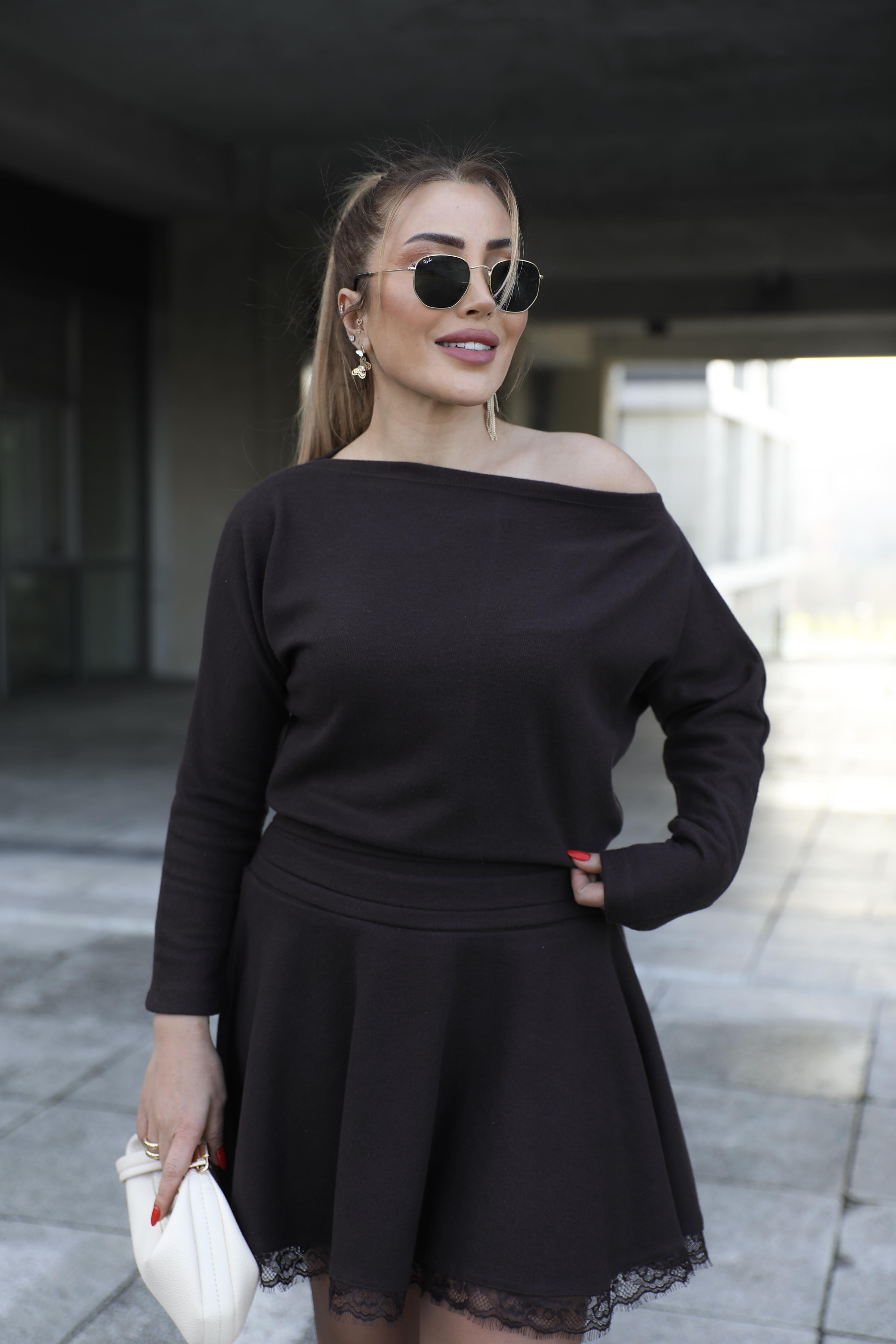 Kahve Drapeli Dantel Detay Elbise 