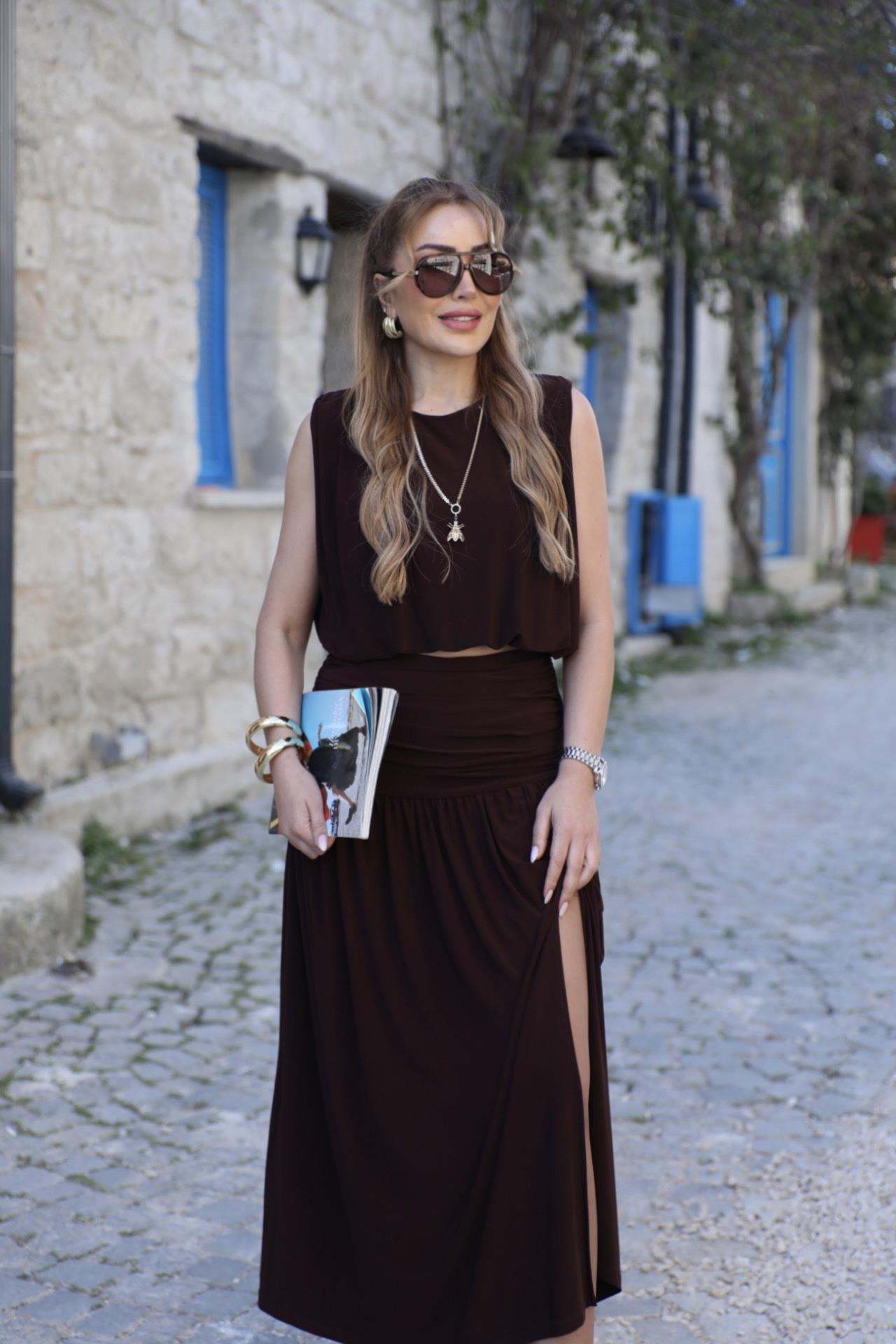 Kahve Drapeli Etek Bluz Takım 