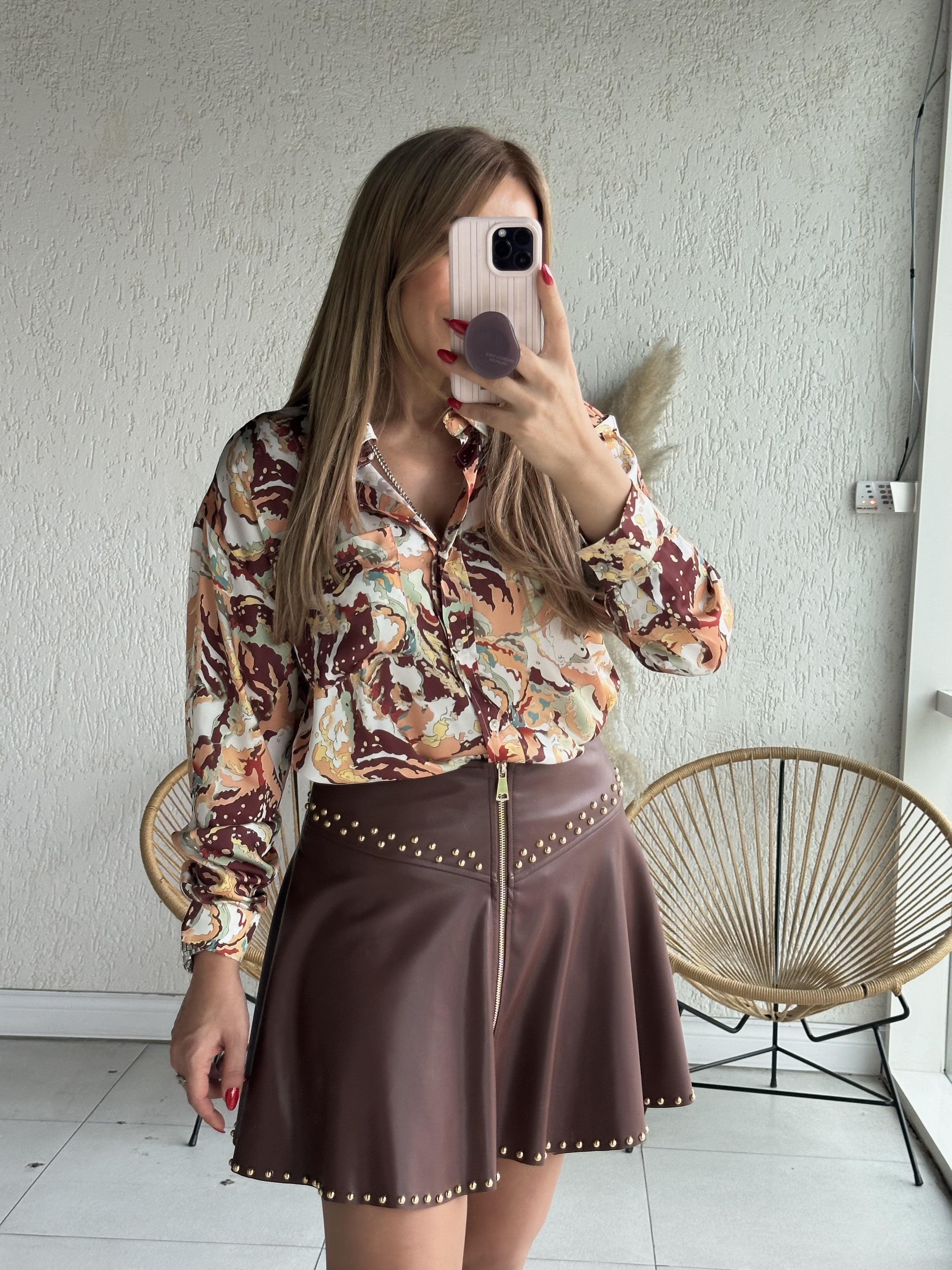 Kahve Droplu Deri Etek