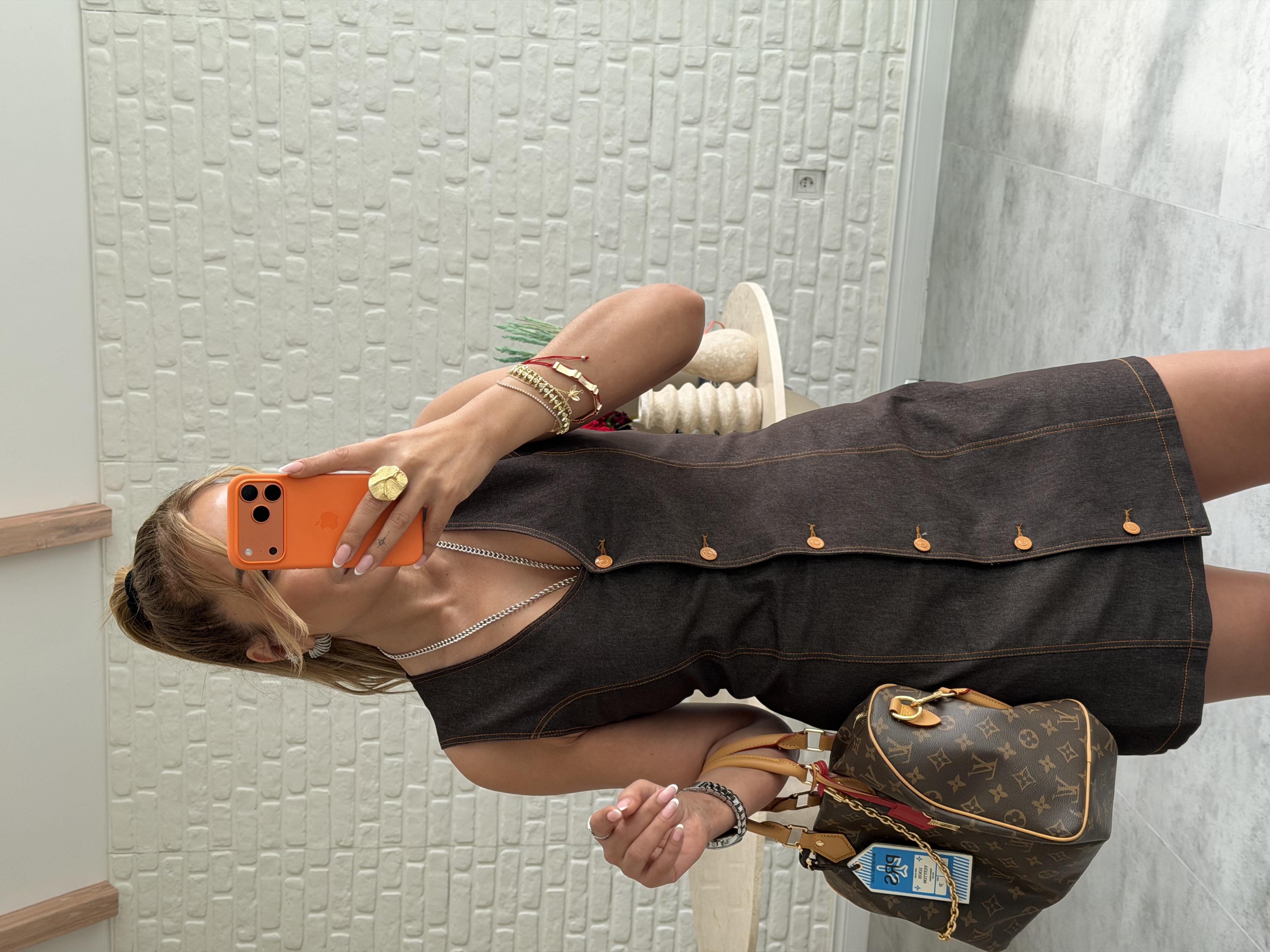 Kahve Düğmeli Denim Elbise