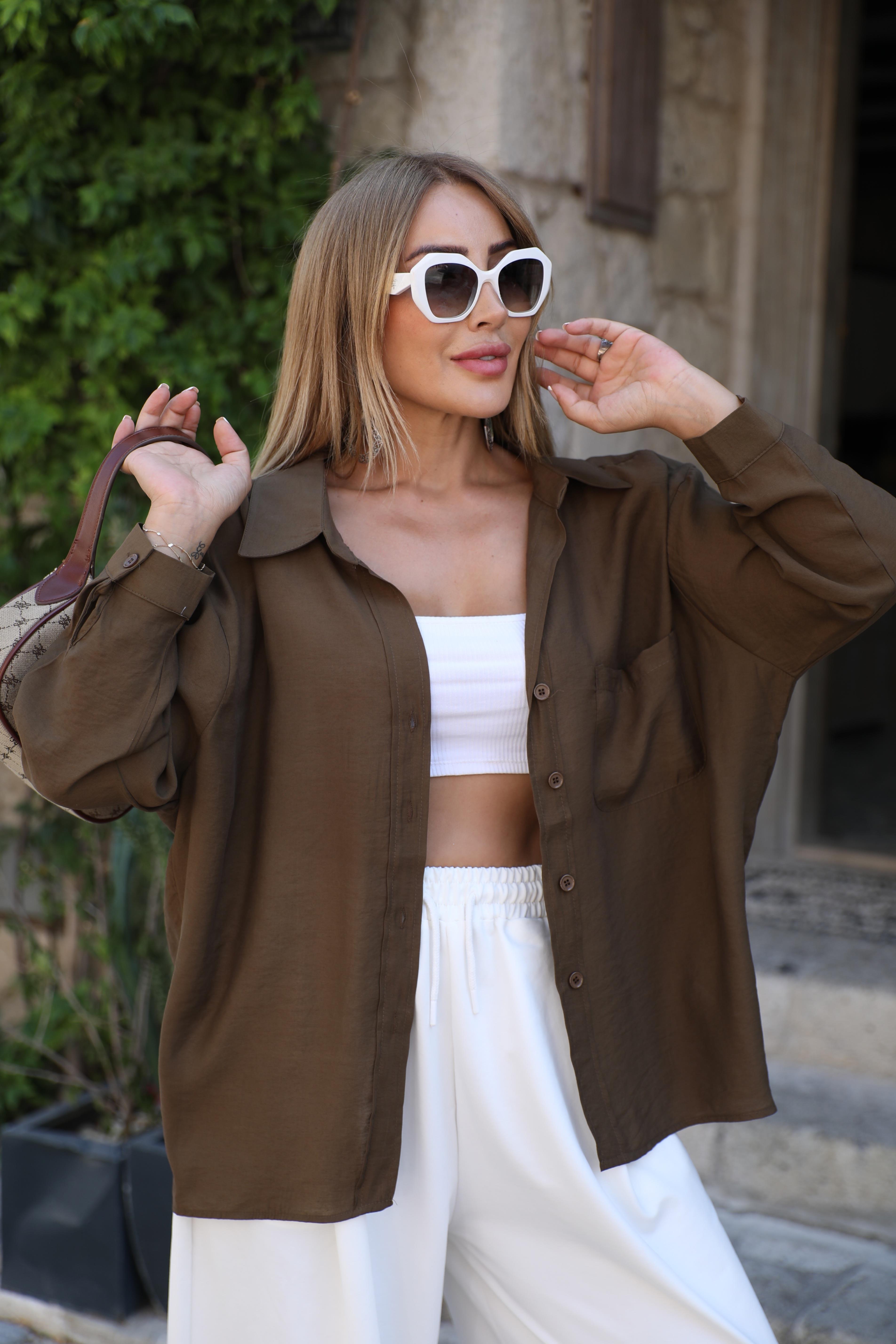 Kahve Düşük Omuz Oversize Gömlek 