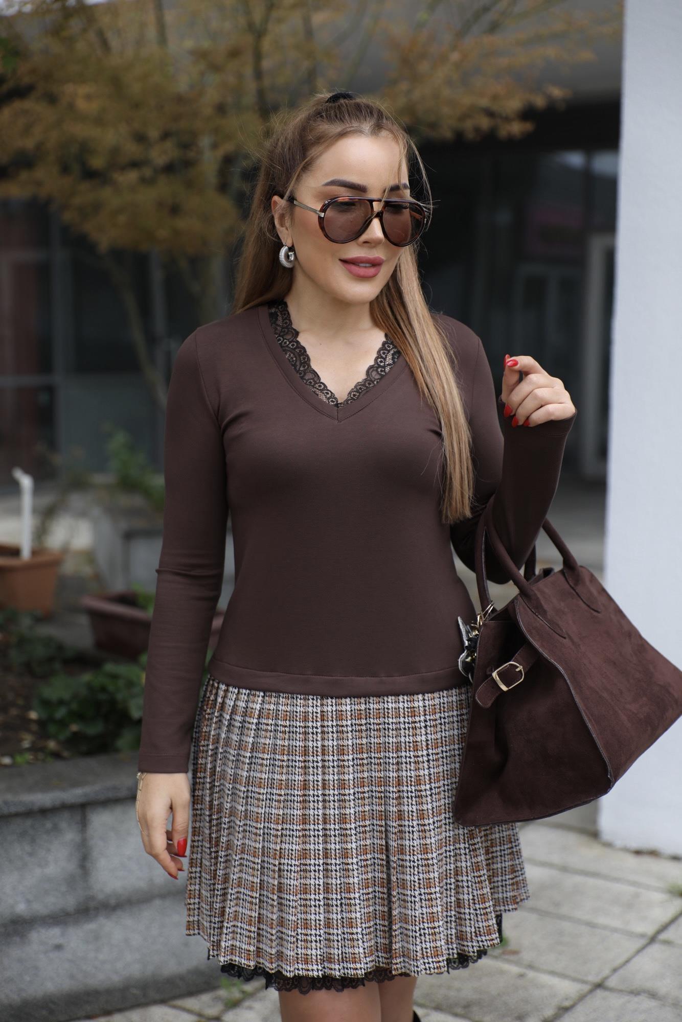 Kahve Ekose Piliseli Güpür Detaylı Elbise 