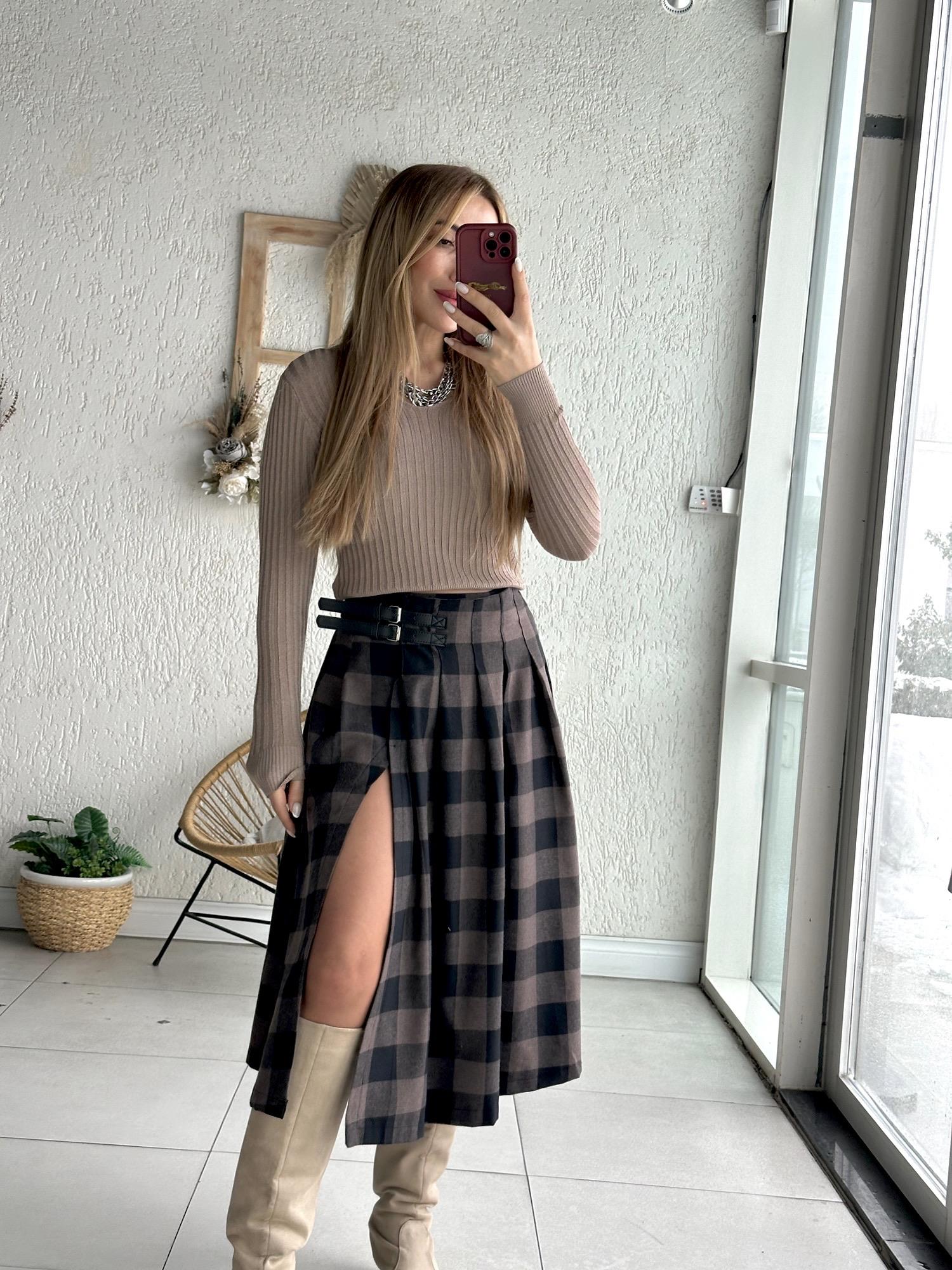 Kahve Ekoseli Kemer Detaylı Etek