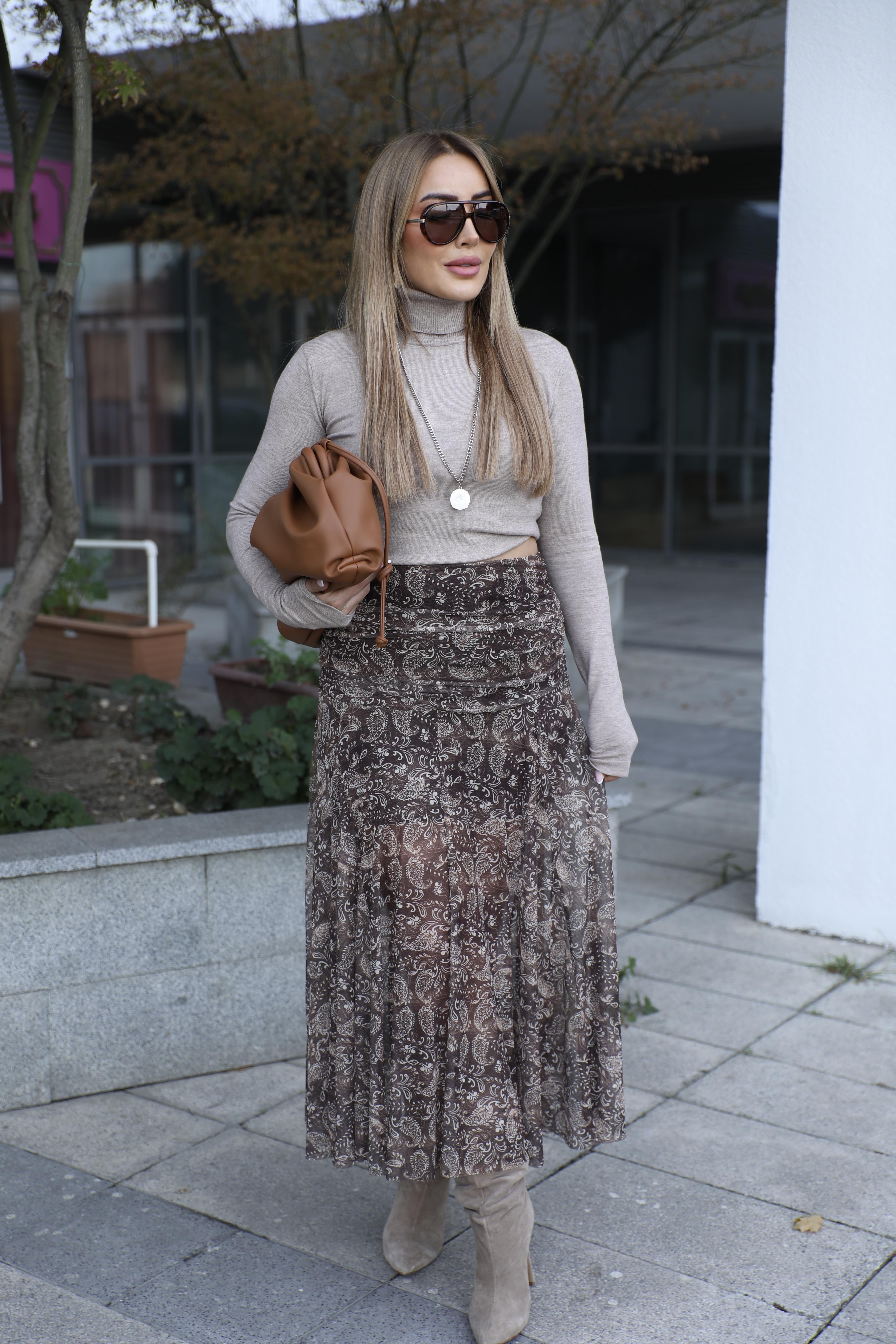 Kahve Etnik Desenli Tül Etek 