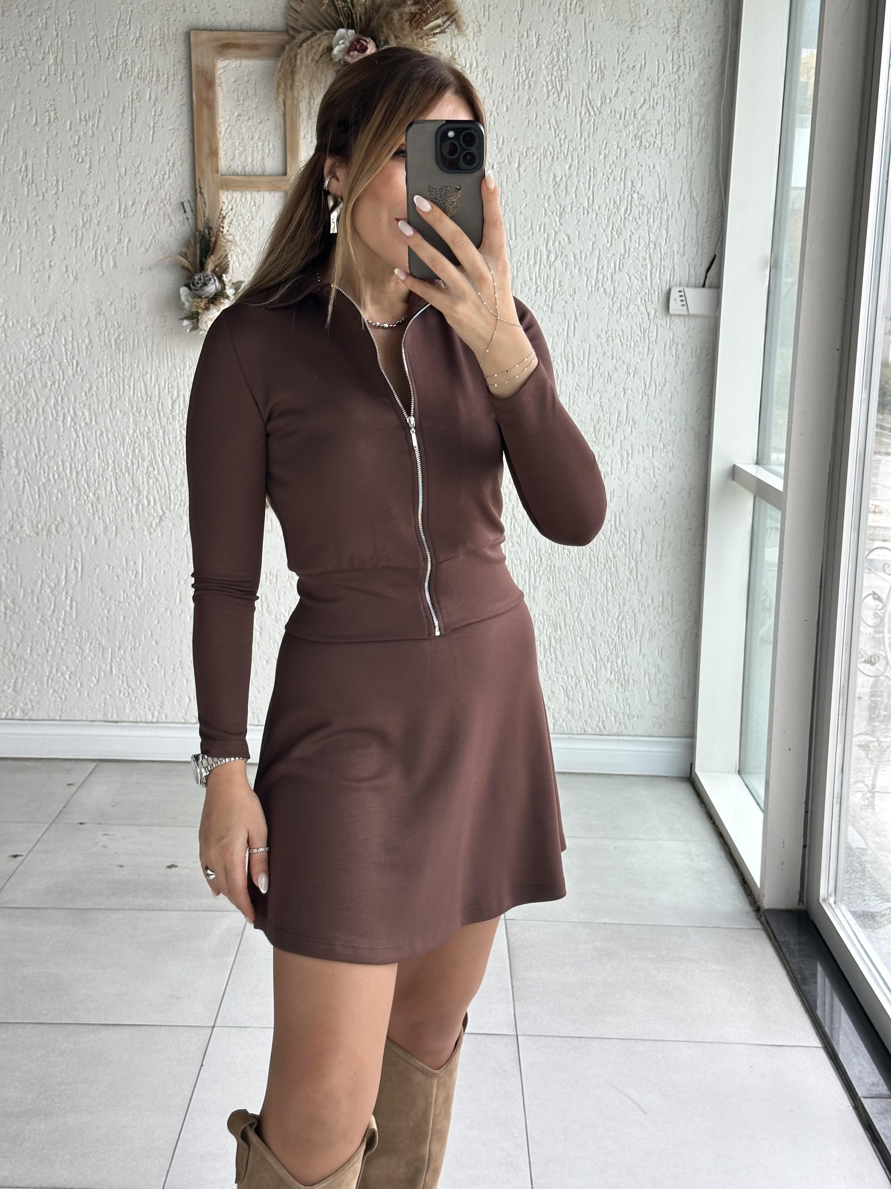 Kahve Fermuarlı Etek Hırka Takım