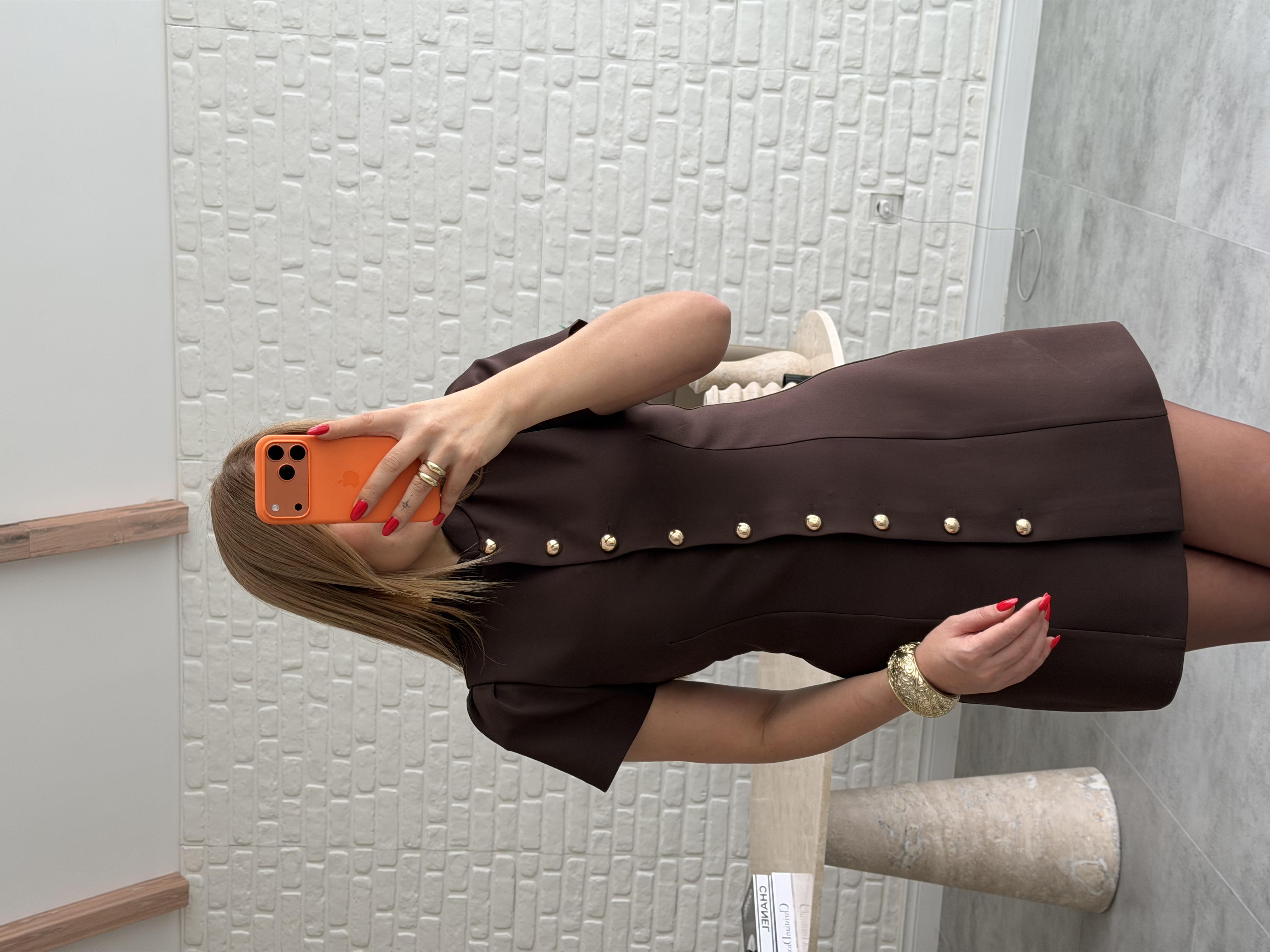 Kahve Gold Düğmeli Balon Kol Çan Elbise 