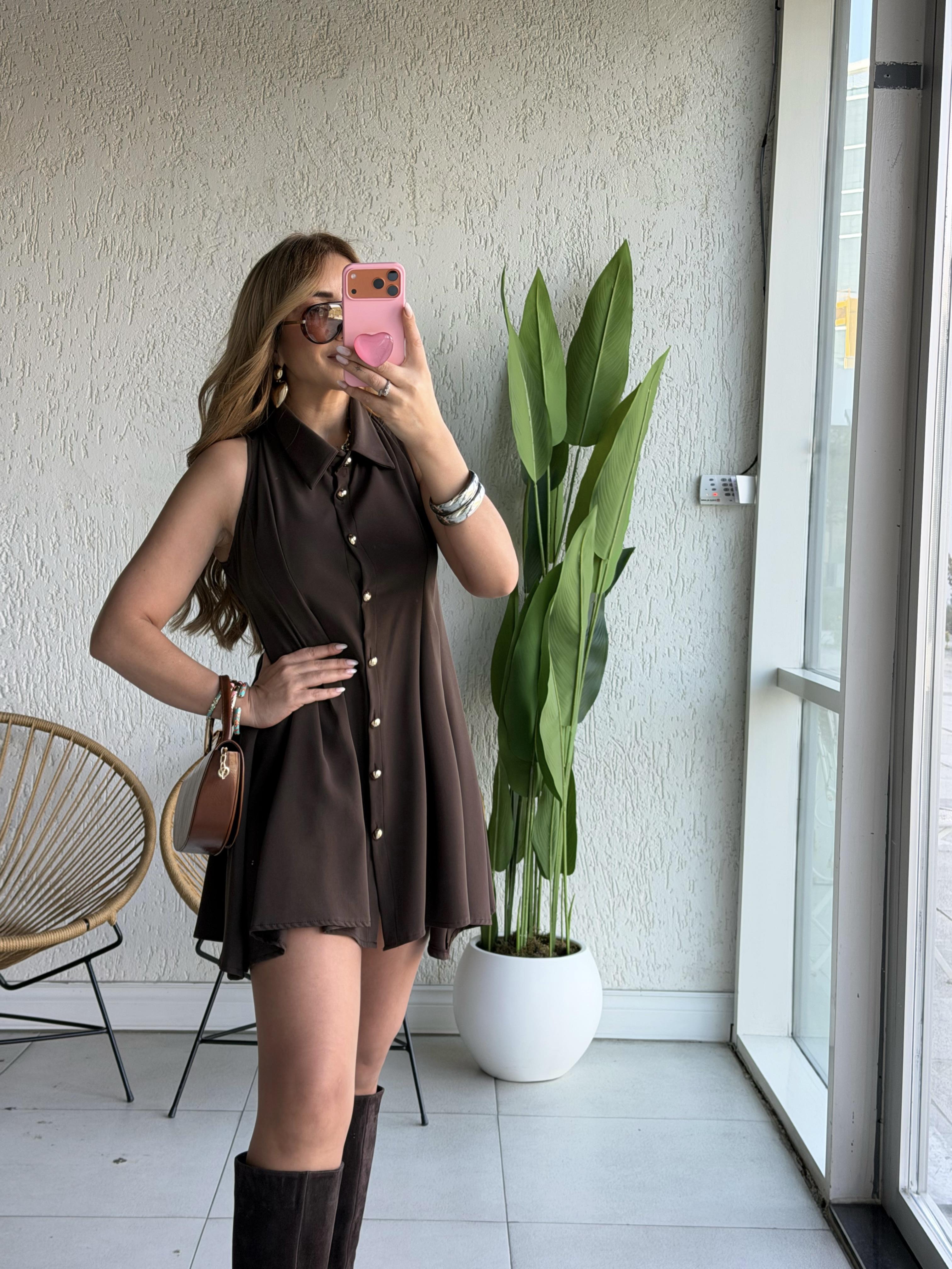 Kahve Gold Düğmeli Çan Elbise