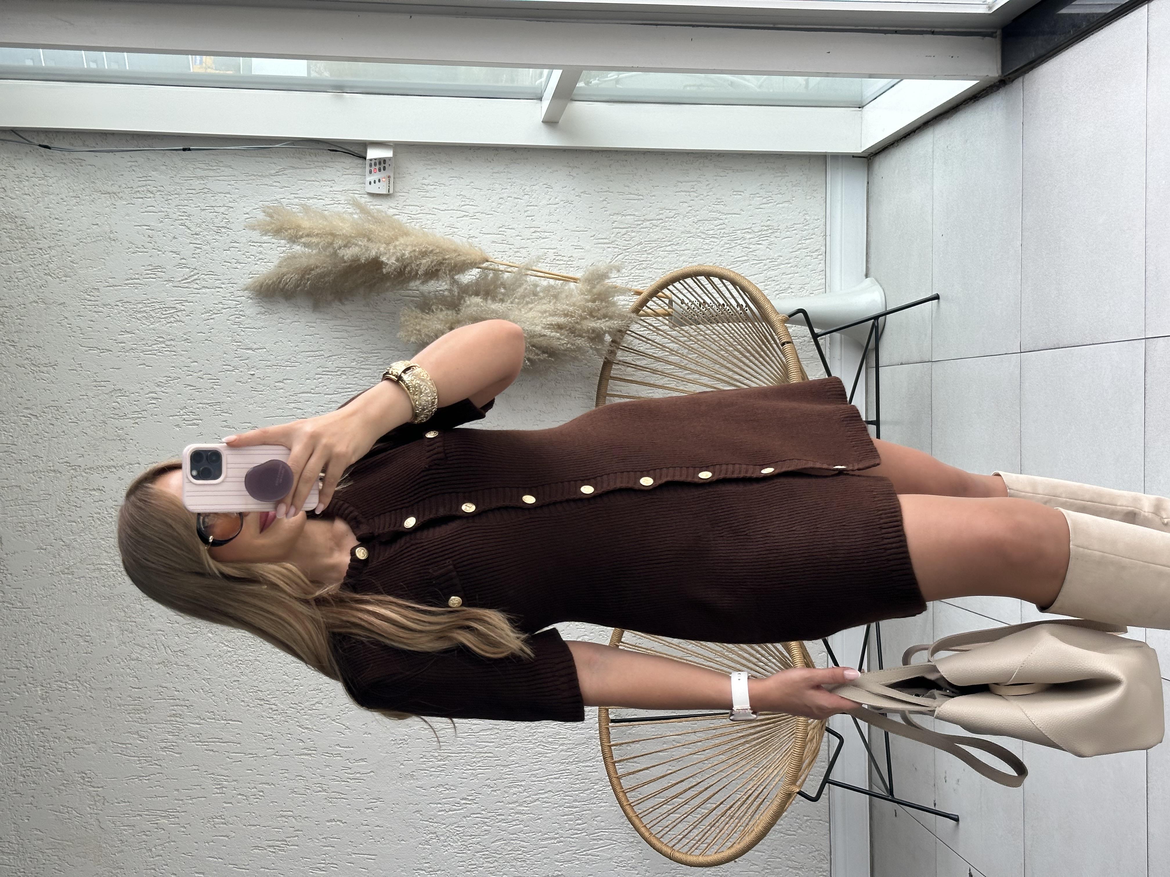 Kahve Gold Düğmeli Triko Elbise